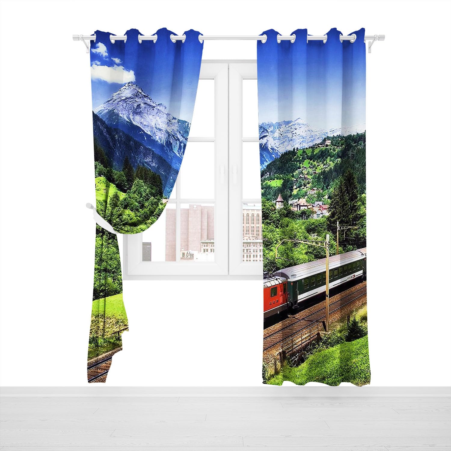 Vorhänge mit Ösen Blickdichte Vorhänge Zug Lokomotive Vorhang Polyester Zug Fenstervorhang 3D Home Dekoration Gardinen Für Kinderzimmer (1,220x215cm(2x110x215cm))