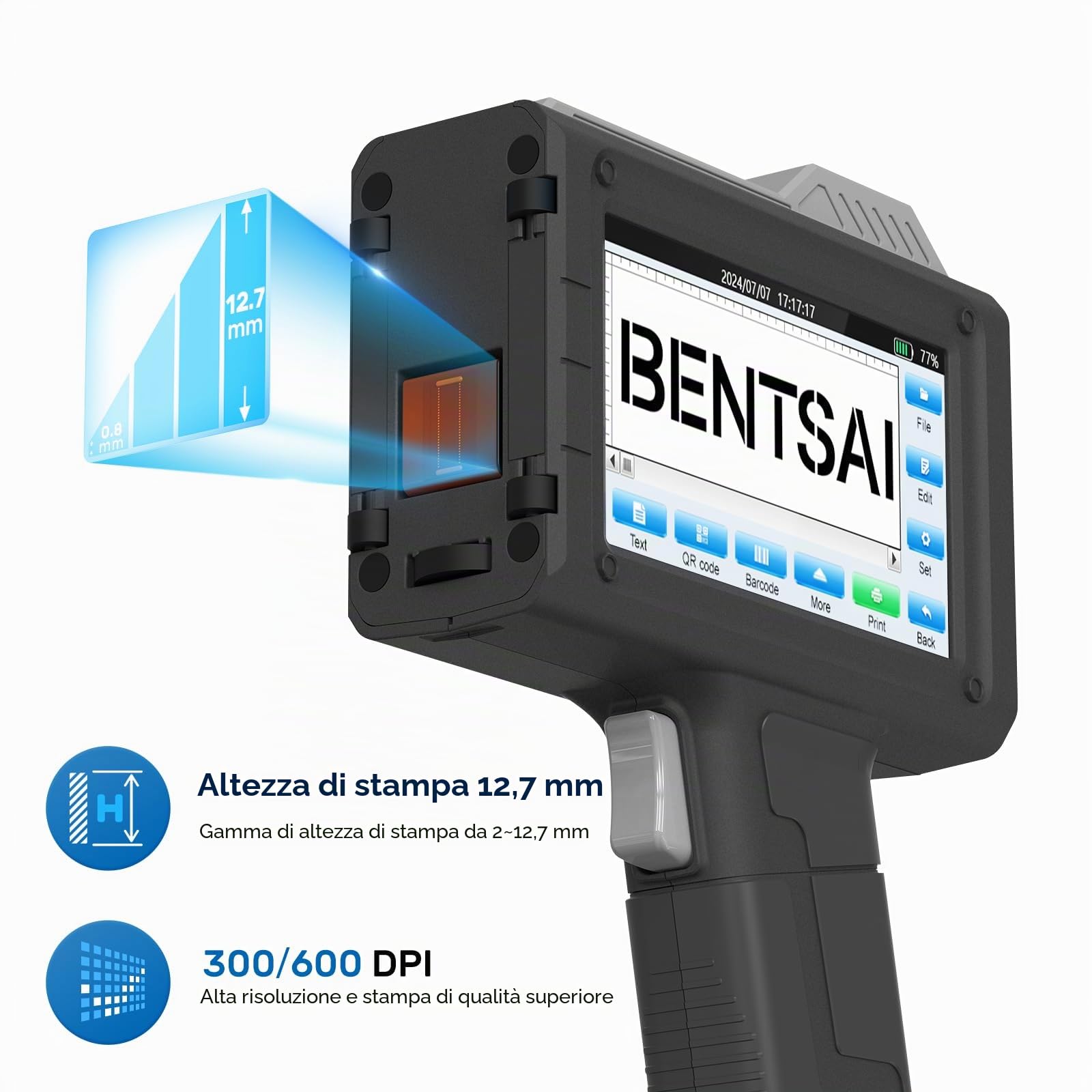 BENTSAI Stampante a getto d'inchiostro Portatile BT-HH6205B con16H di Autonomia per Stampa di Lotto, Data, Logo, Numero di Serie, QR su Vari Materiali Cartone Legno Plastica Metallo
