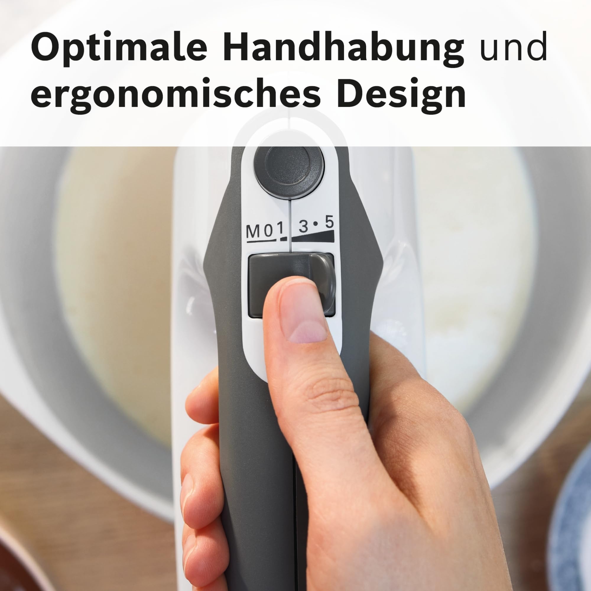 Bosch Handrührgerät, mit Pürierstab, Mixbecher, Edelstahl Rührer, Knethaken, spülmaschinenfest, 5 Stufen plus Turbotaste, weiß/grau, 750 W, ErgoMixx MFQ37470