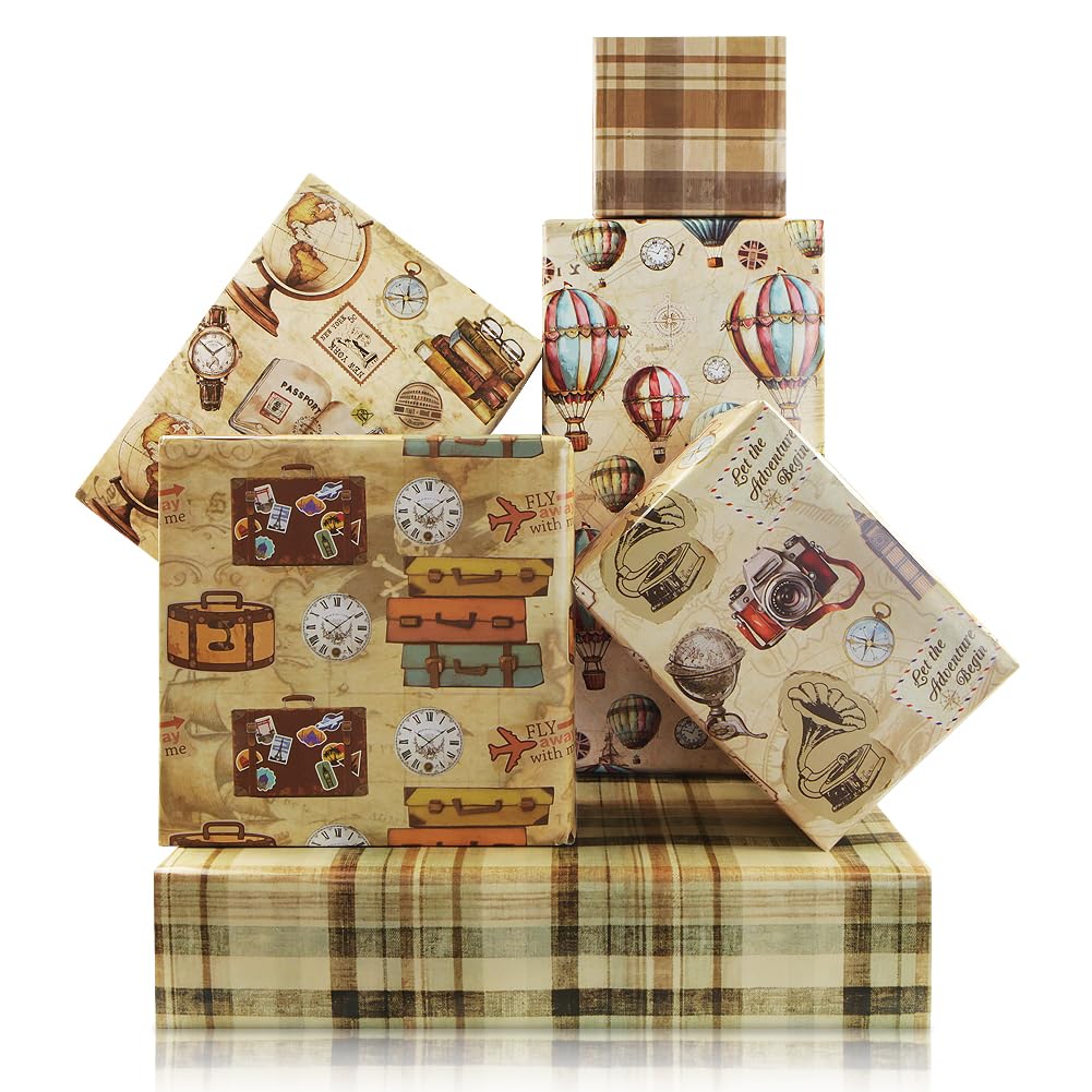 Vintage Retirement Travel Wrapping Paper for Men Women, Airplane Globes Camera Hot Air Balloon Print World Traveler Gift Wrap Paper for Let The Adventure Begin Party DIY Craft Birthday Decor