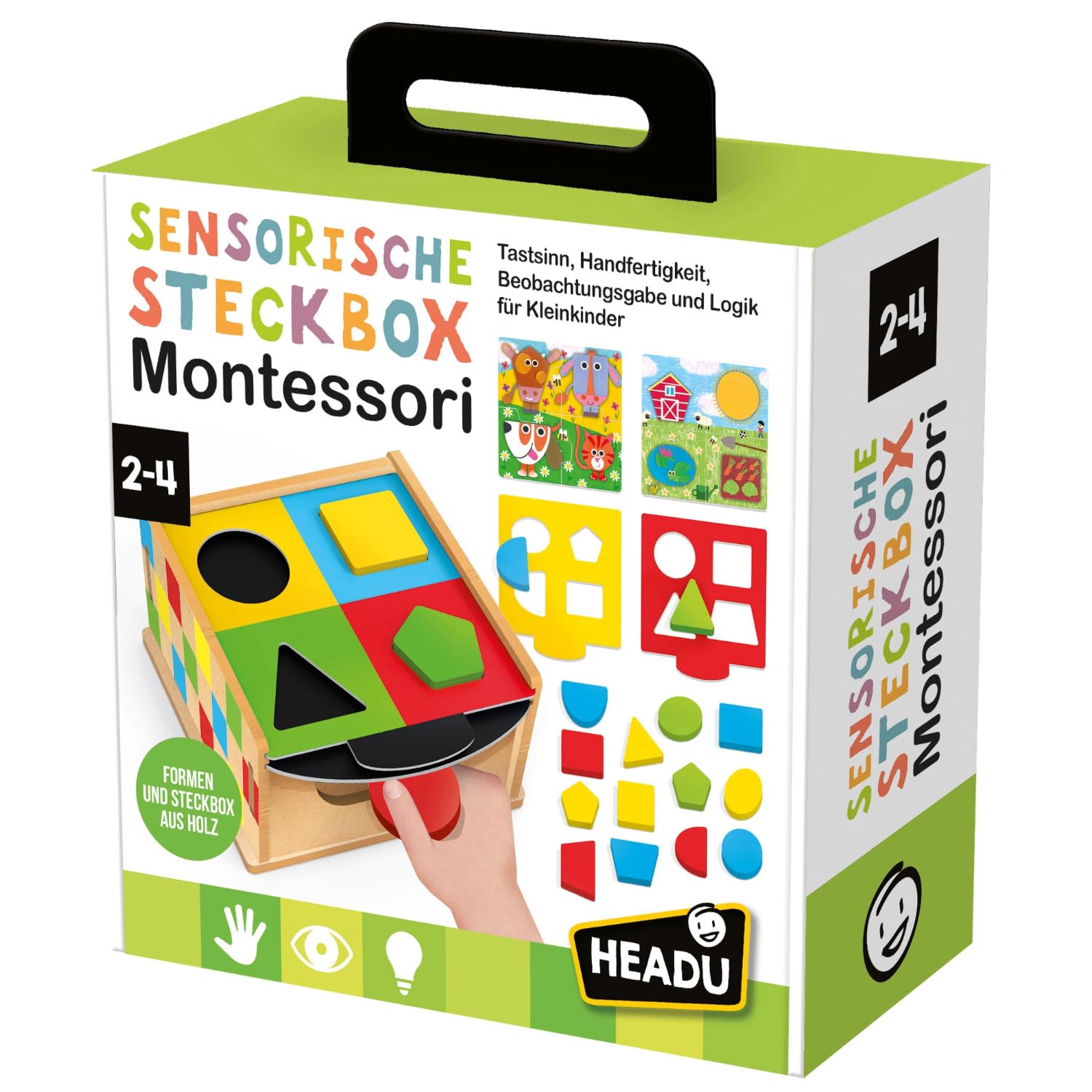 Headu "Sensoryczne pudełko wtykowe Montessori – zmysł dotyku, kunszt, obserwacja i logika dla małych dzieci!": gra edukacyjna dla dzieci w wieku od 2 do 4 lat, wersja niemiecka (DE60728)