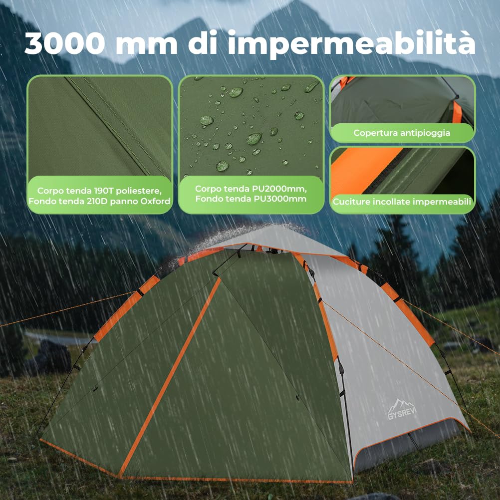 Tenda Campeggio 2-4 Persone Automatica Doppia Porta Anti UV Impermeabile 2 in 1 Interna Esterna