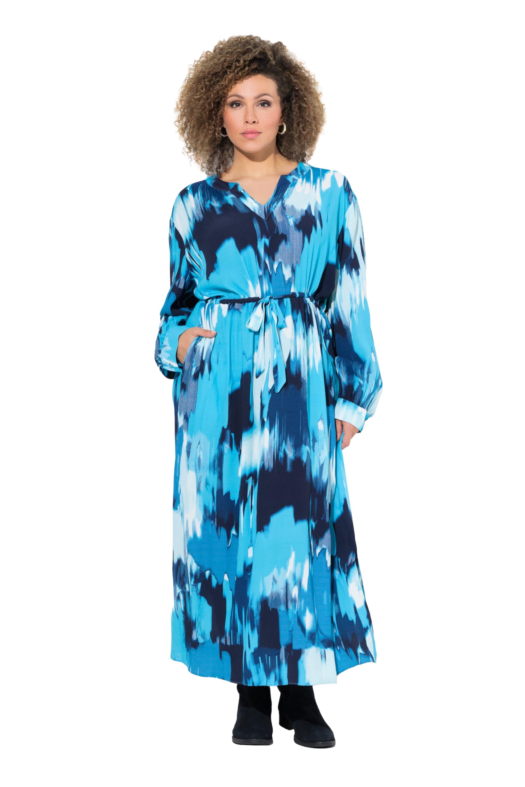 Ulla Popken Damen große Größen Übergrößen Plus Size Maxikleid, Krepp, Oversized, Tunika-Ausschnitt, Langarm 834065