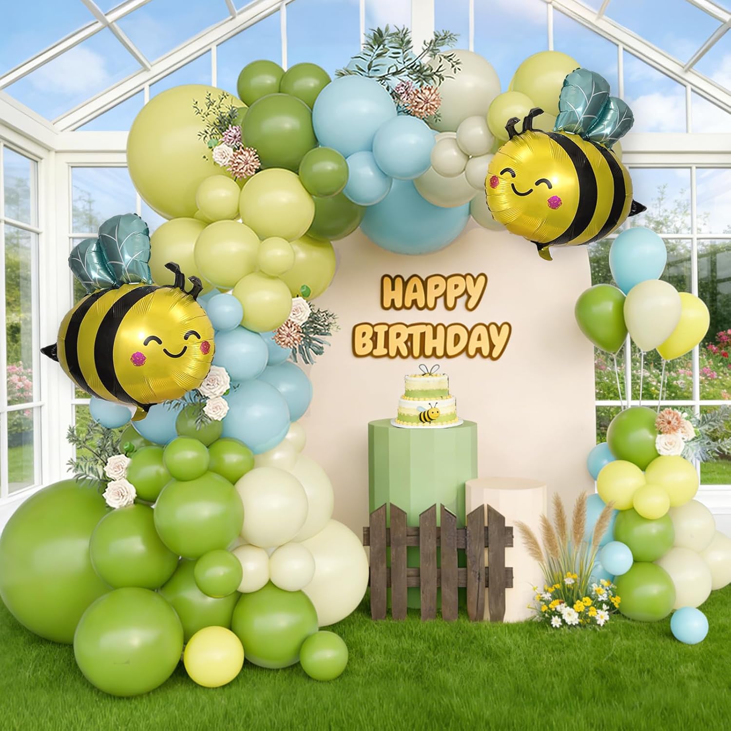Bee Balloon Arch Kit Sage Green Blue Yellow Balloons Bear Theme Baby Shower Balloon Arch Kit Pastel Balloon Garland for Bee Easter Party Decorations Spring Woodland Birthday Gender Reveal Decor