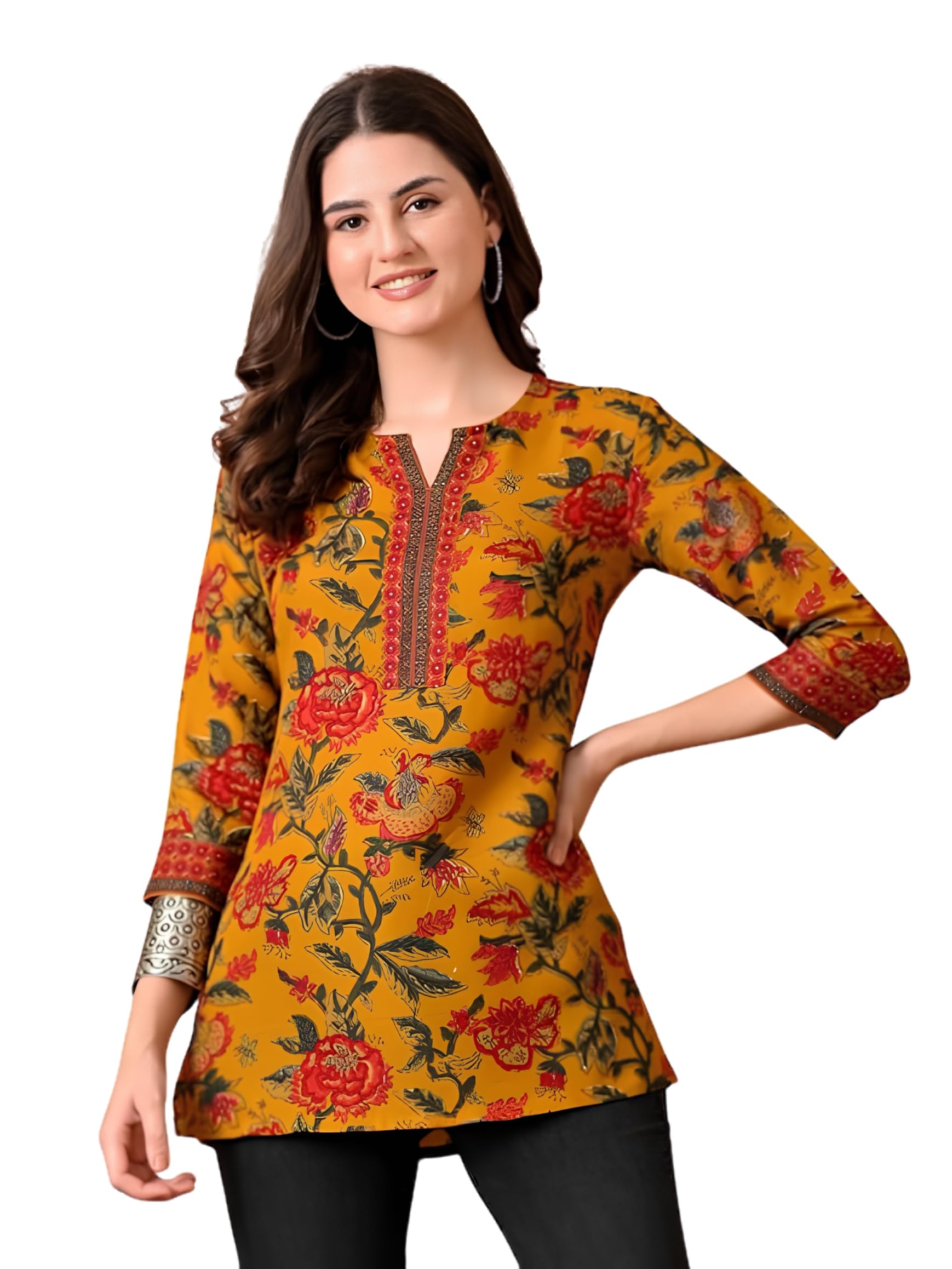 Women Floral Printed Short Kurti | Round Neck with Slit Stylish Kurta | 3/4th Sleeve Modern Top | Regular Fit-image-16