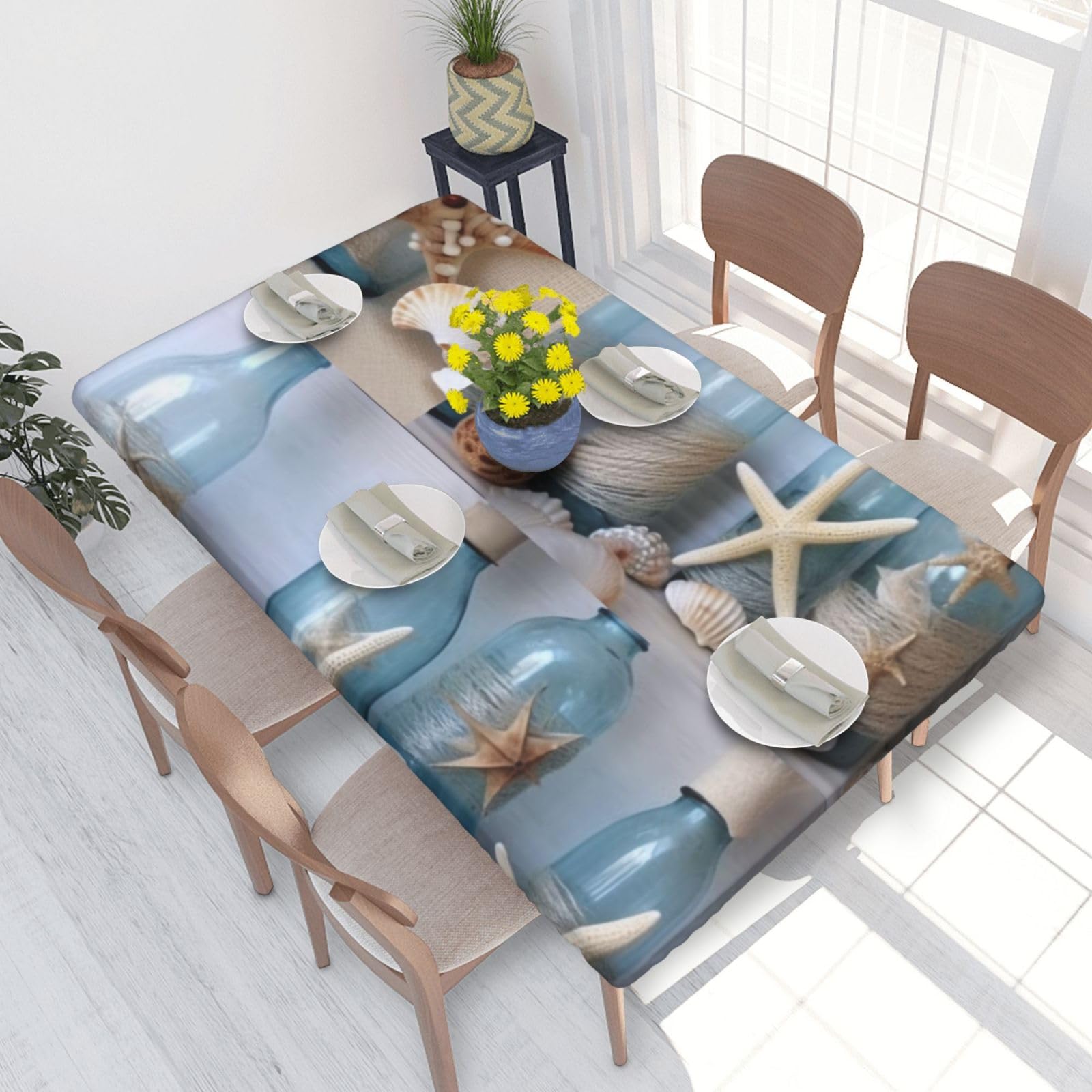 DCARSETCV Bottle Seashell Printed 4FT Waterproof Tablecloth with Elastic Edged Protect & Decor Your Table, Oil-proof Washable Table Cloth Cover for Dinner Picnic Party