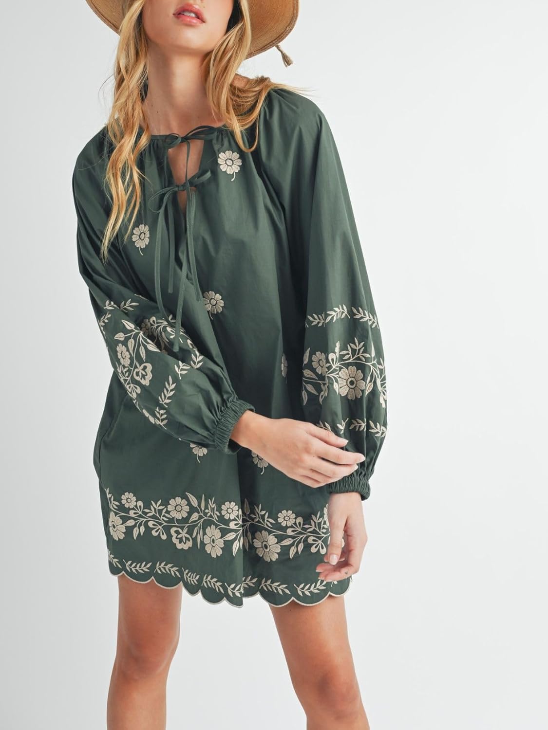 Womens Embroidered Long Sleeve Mini Dress Loose Fit Vintage Embroidery Dress with Double Neckline Self Tie - Image 4