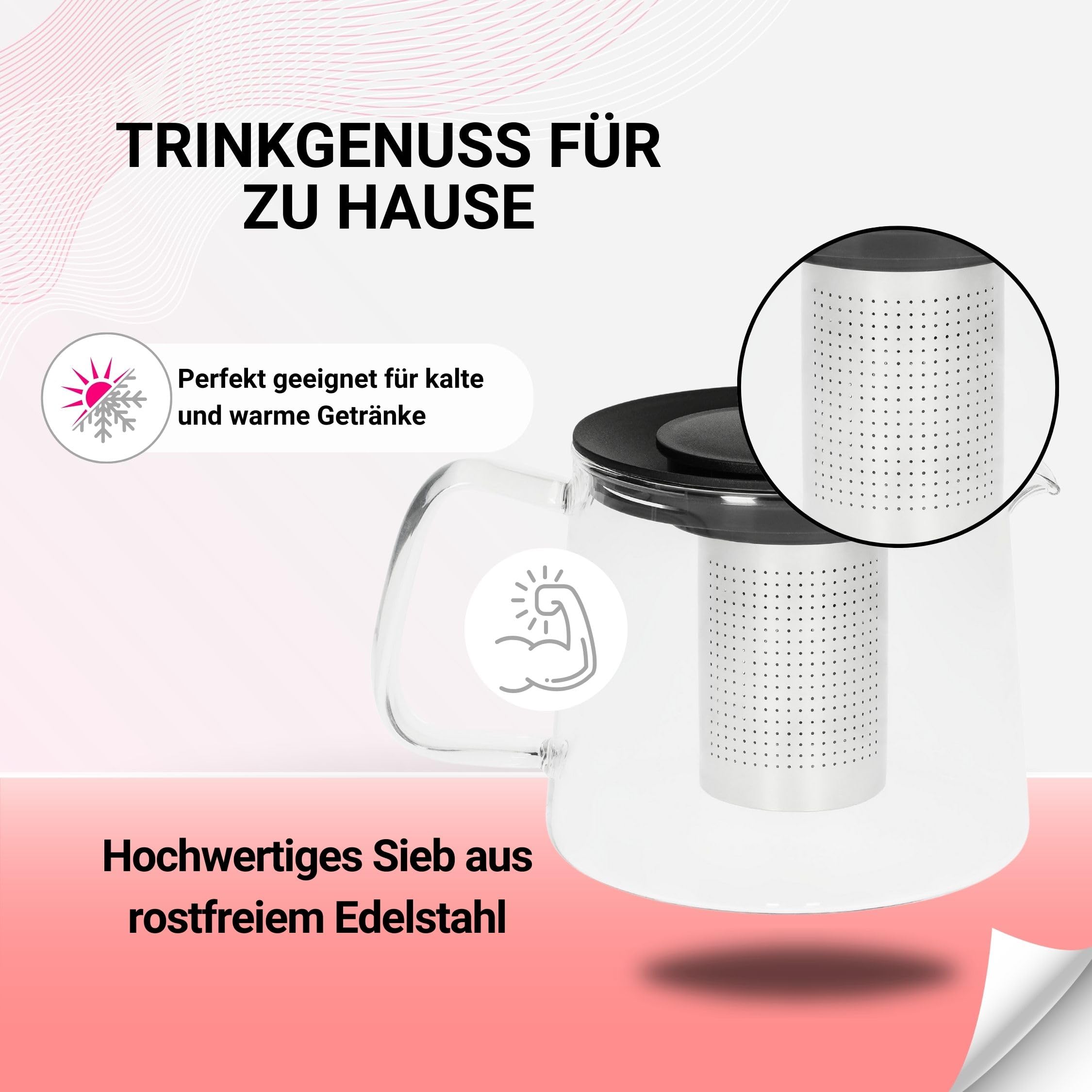 Teekanne "Tea-Time" mit Sieb Edelstahl 1,0 Liter Borosilikatglas Teebereiter Glaskanne Teesieb Filter rostfrei mit Deckel Zubereiter geeignet für kalte und heiße Getränke | Borosilikatglas, Edelstahl Sieb, 1 Liter, rostfrei, hitzebeständig, Filter, Kanne,