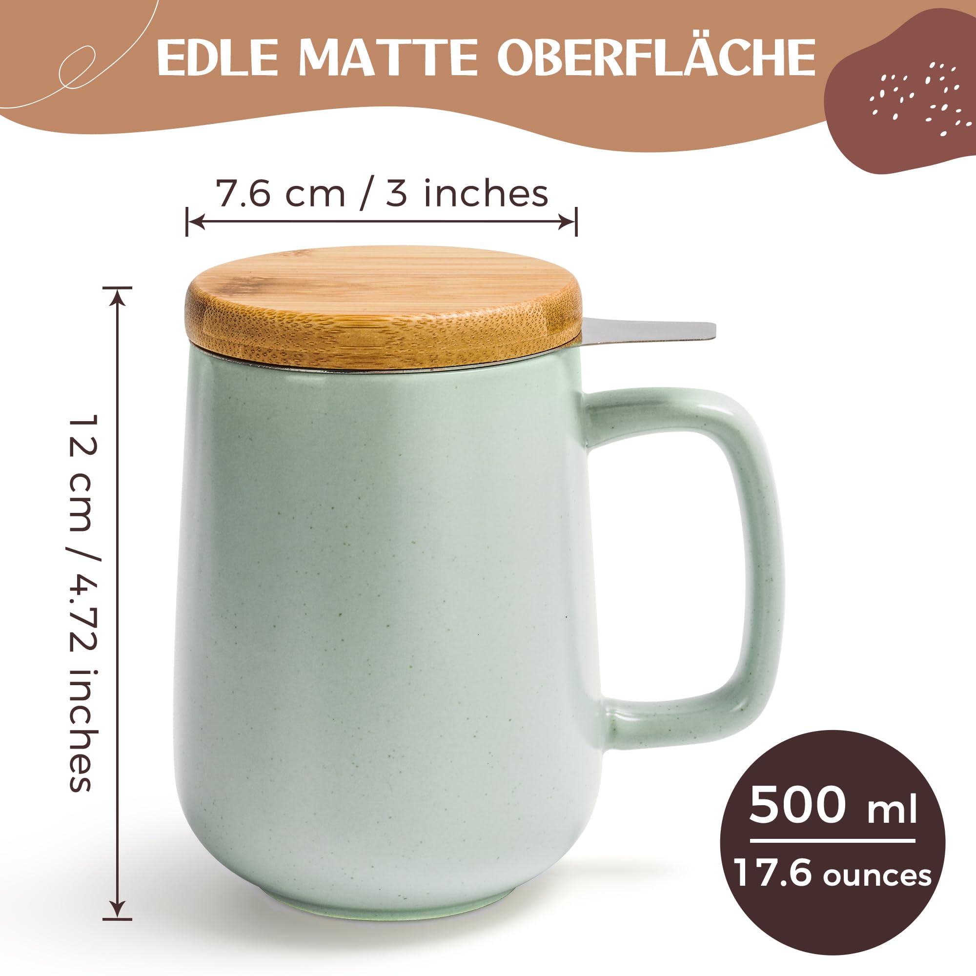 Happy Lemuro Ceramic Tea Cup Infuser Mug Beige (Light Mint)