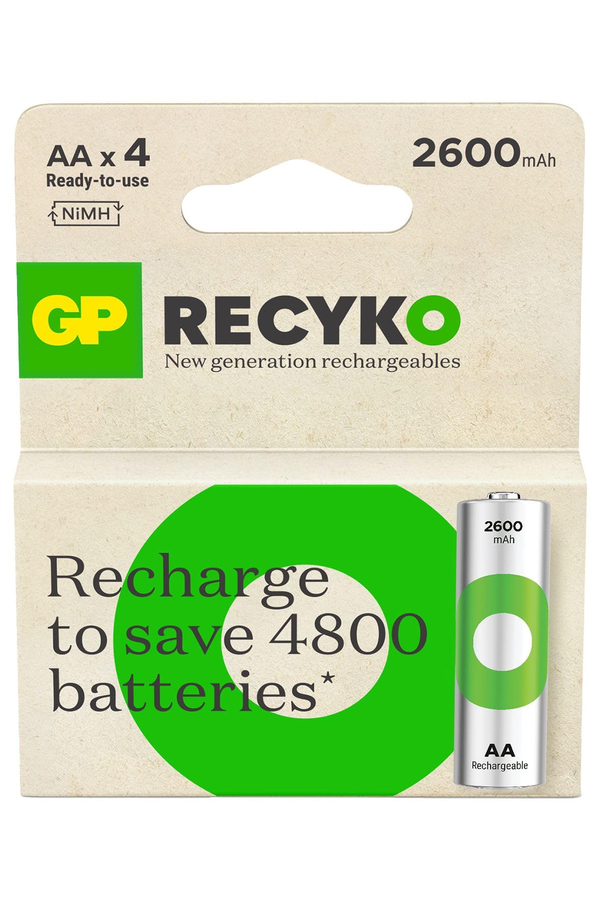 GP Batteries ReCyko 2600 AA Pen Ni-MH Rechargeable Battery, 1.2 Volt, Card of 4
