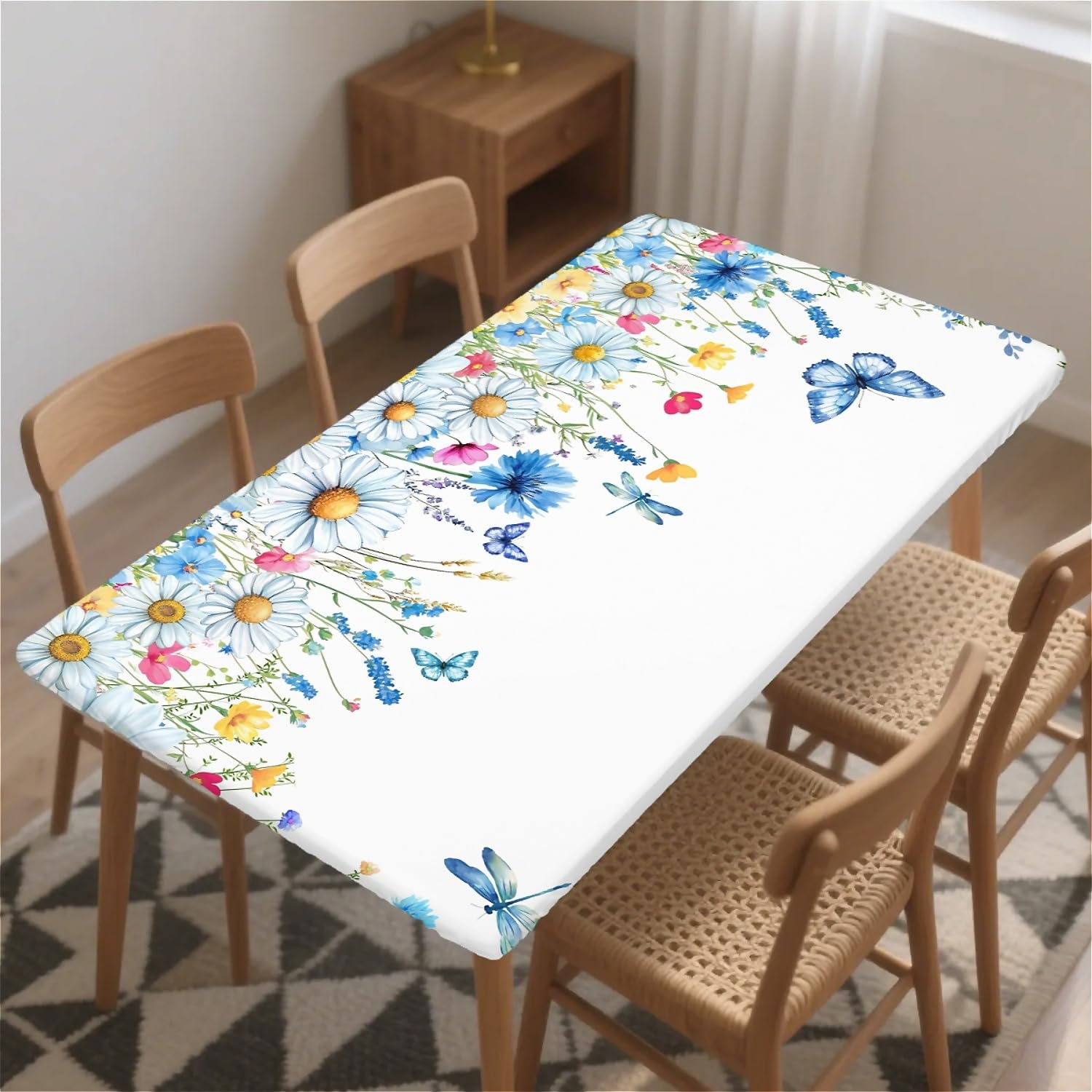 artslion Rectangle Waterproof Tablecloths Elastic Edge for Secure Fit-30 x 72 inch Wipeable Table Cover Non-PVC Fabric Blue butterfly chamomile Designs Indoor Outdoor Use