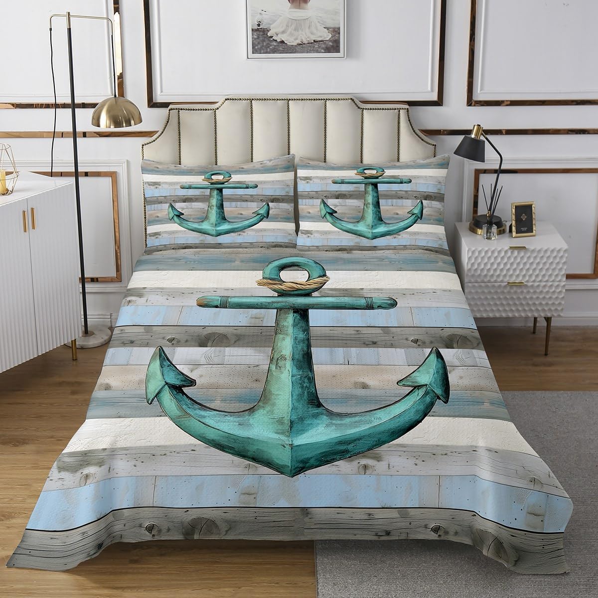 jejeloiu Anchor Decor Bedspread Twin Size Nautical Themed Coverlet Set for Boys Girls Teens Ocean Quilted Coverlet Sea Adventure Quilted Bean Green Grey