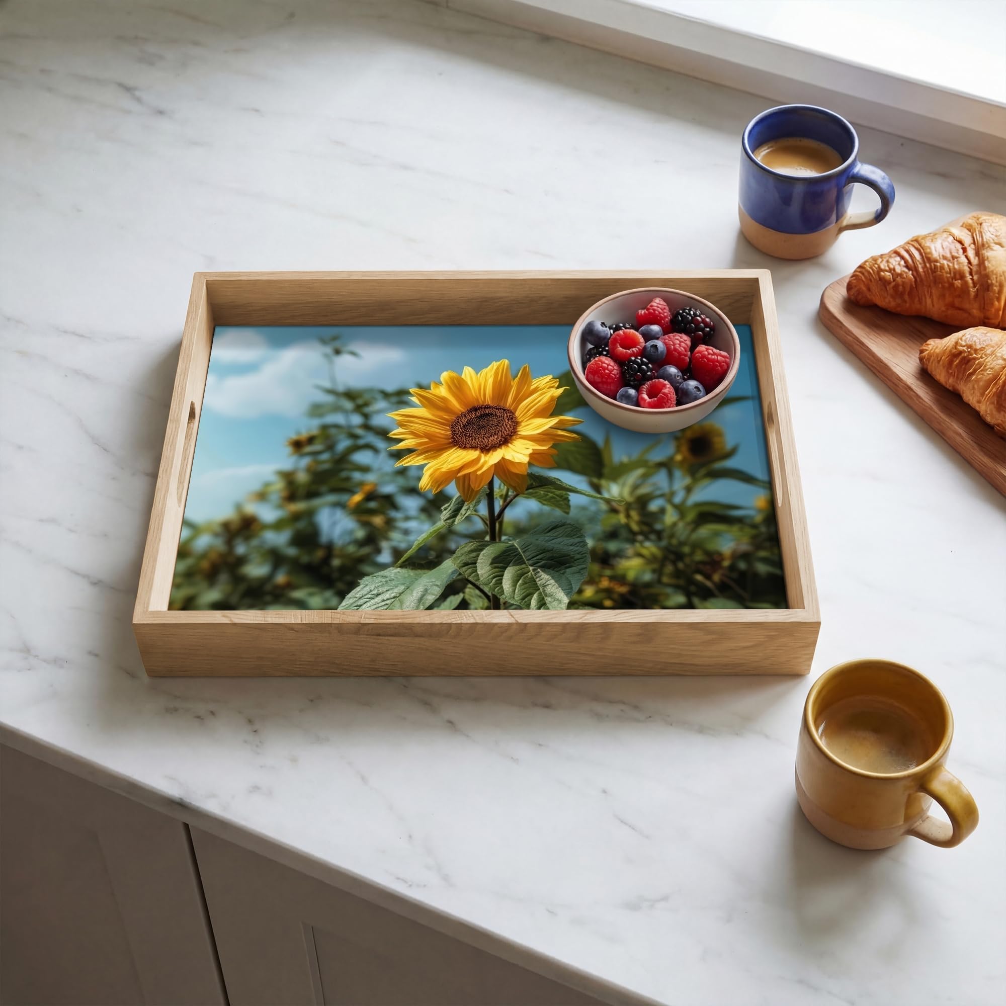 Tablett Rechteckig 40x30 cm Serviertablett rutschfest Griff Küchentablett Servierplatte Eiche Holztablett Henkel Hitzebeständig Sonnenblumen - Strahlend Blauer Himmel - Gras