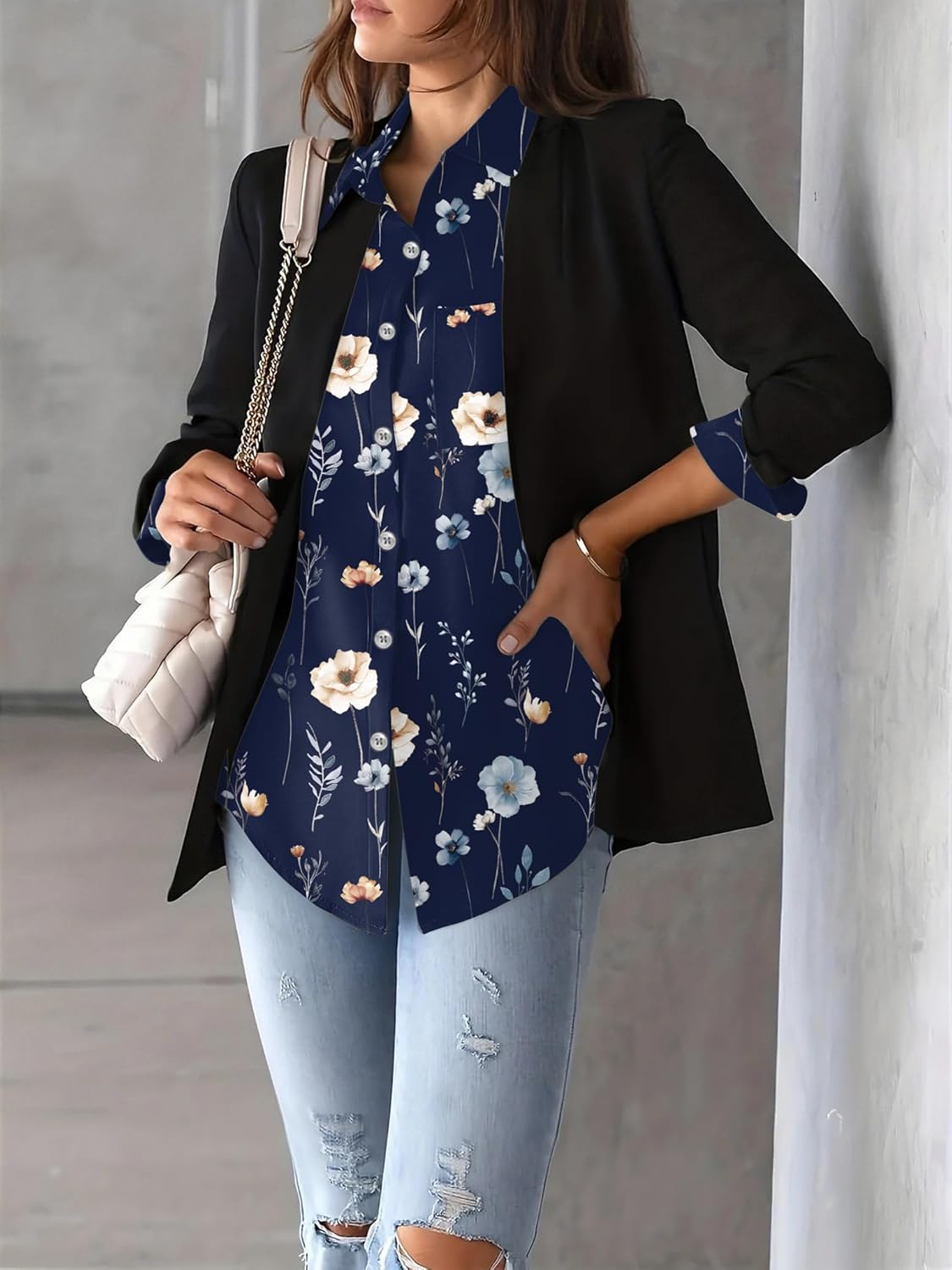 Zeagoo Womens Button Down Shirt Long Sleeve Blouse Business Work Tops Dressy Casual Floral Printed Outfits with Pocket - Image 7