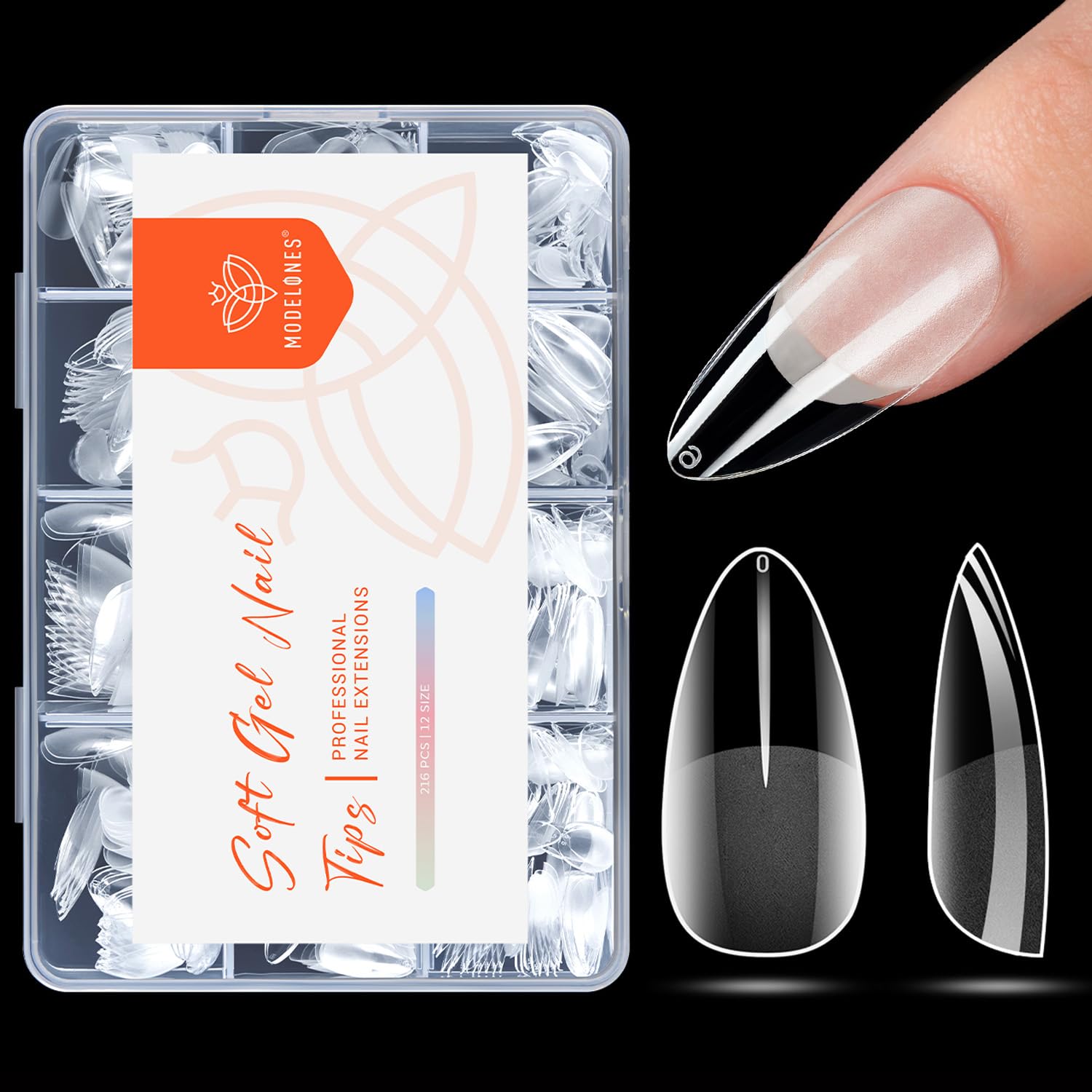 Modelones Nageltips 216 Stück- Full Cover Nail Tips Set, Soft Gel Tips Set,Tips für Gelnägel Pre-Buff PMMA Harz Nagelspitzen, Künstliche Nägel Zum Aufkleben Nail Art DIY, 12 Größen Medium Almond