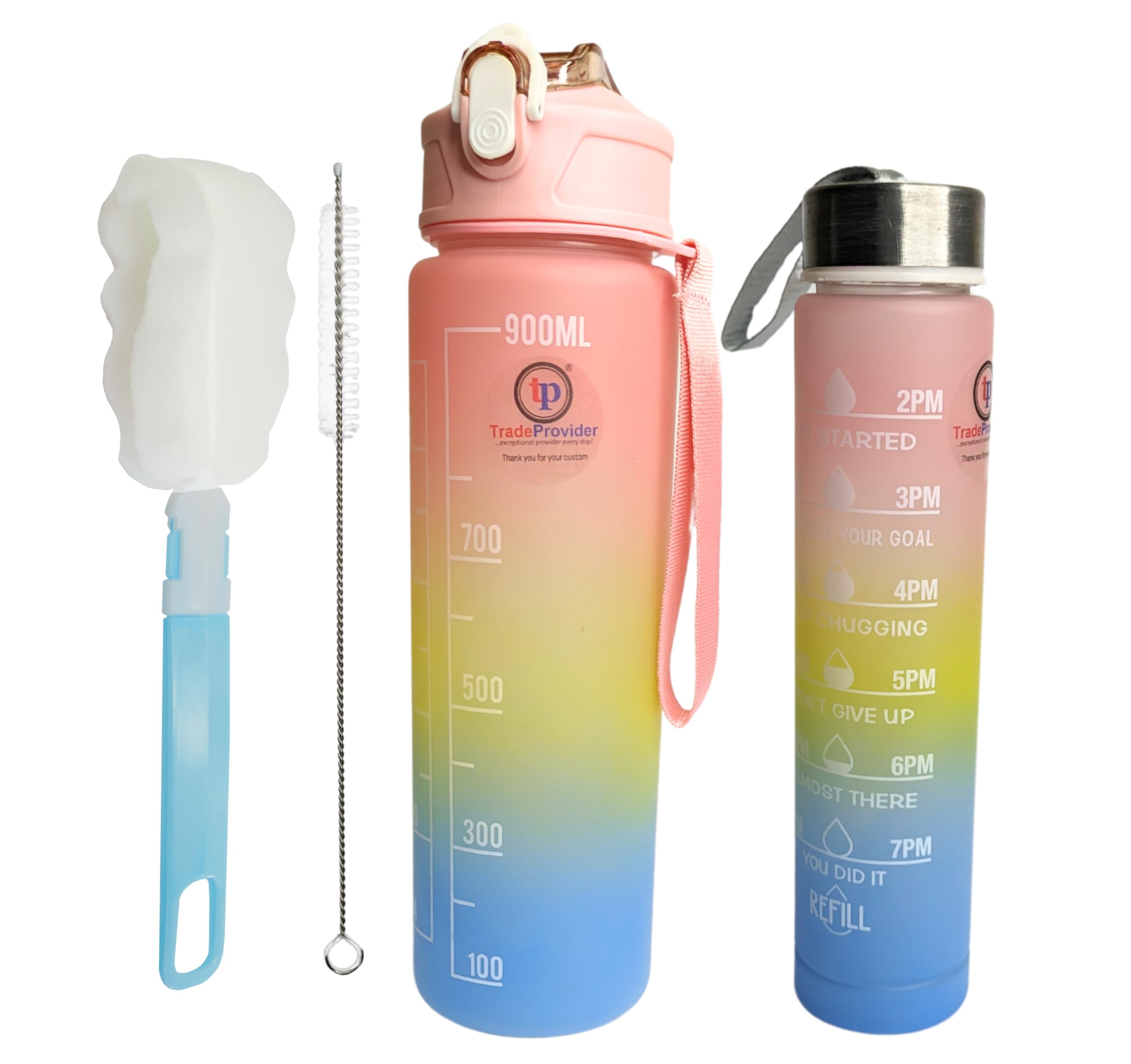TradeProvider® Drinking Bottle (2 Peach Pack) BPA Free Gym Sport Water Bottles 900ml + 300ml with Carry handle, Straw, Brush, Time Markings and Motivational Quotes