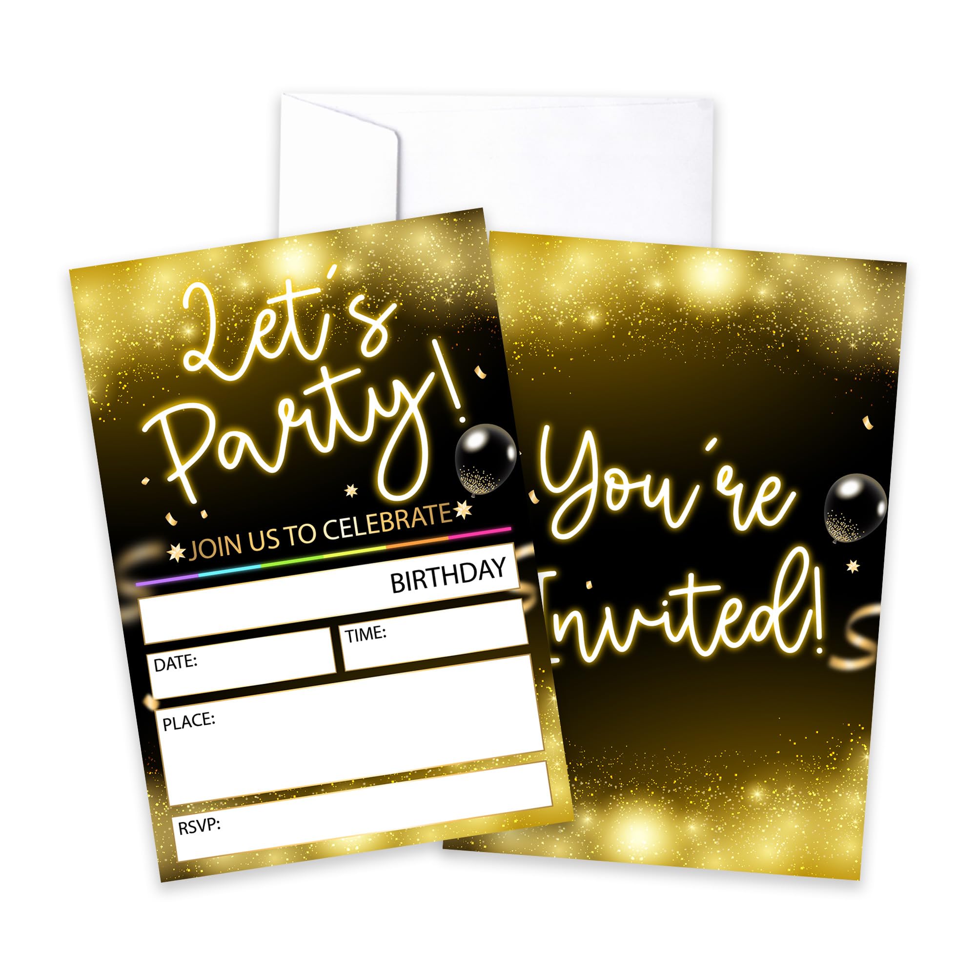 CLIRBE Let's Party Birthday Party Invitations, Golden And Black Invited Birthday Invitations For Teen Boys Girls, 20 Invites Cards With 20 Envelopes, Party Supplies Favors -H13