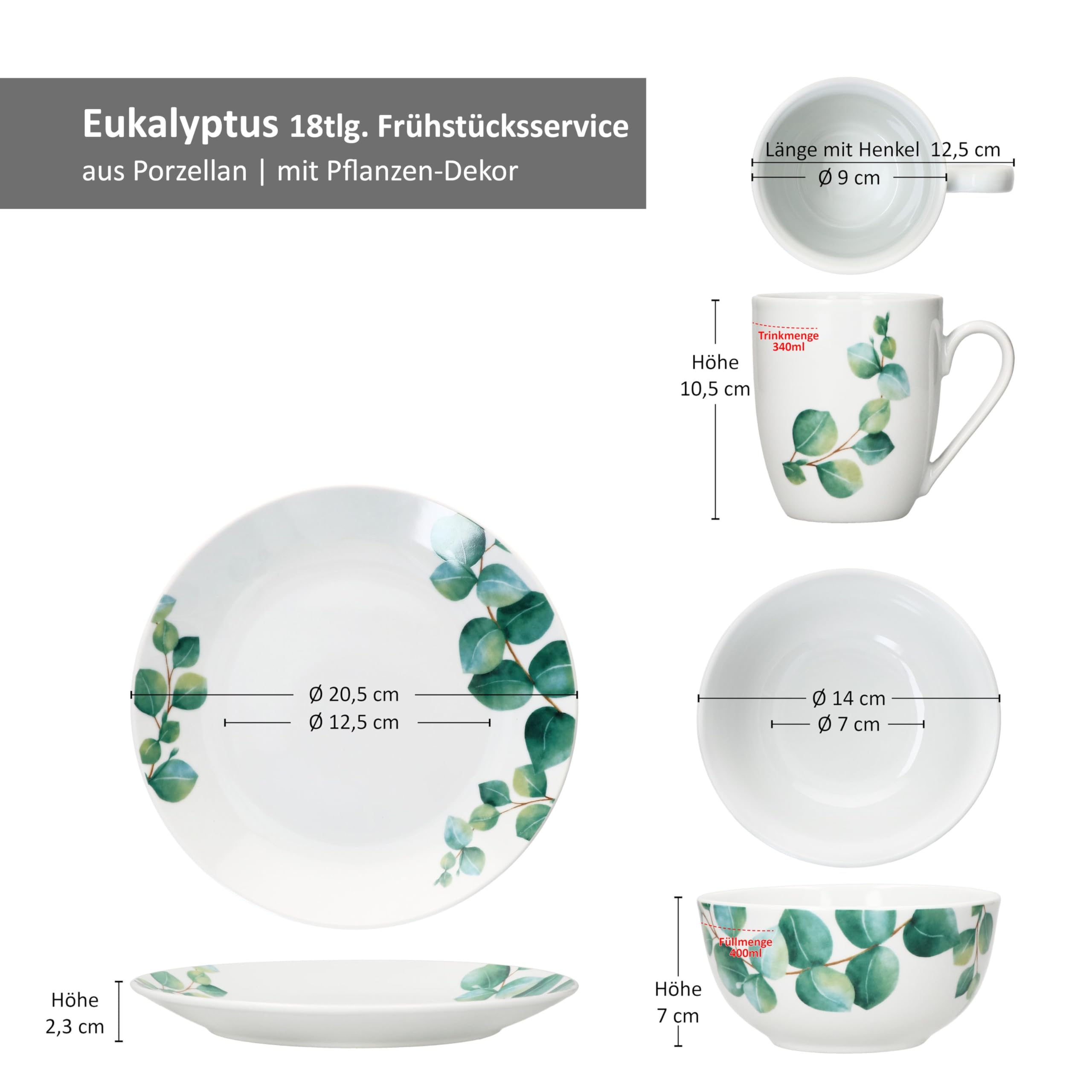 MamboCat Eukalyptus 18tlg Frühstücksset I Je 6X kleine Teller, Schalen 400ml & Kaffeebecher 340ml für 6 Personen grünem Pflanzen-Dekor I Porzellan-Geschirr für Frühstücks- & Kaffeezeit