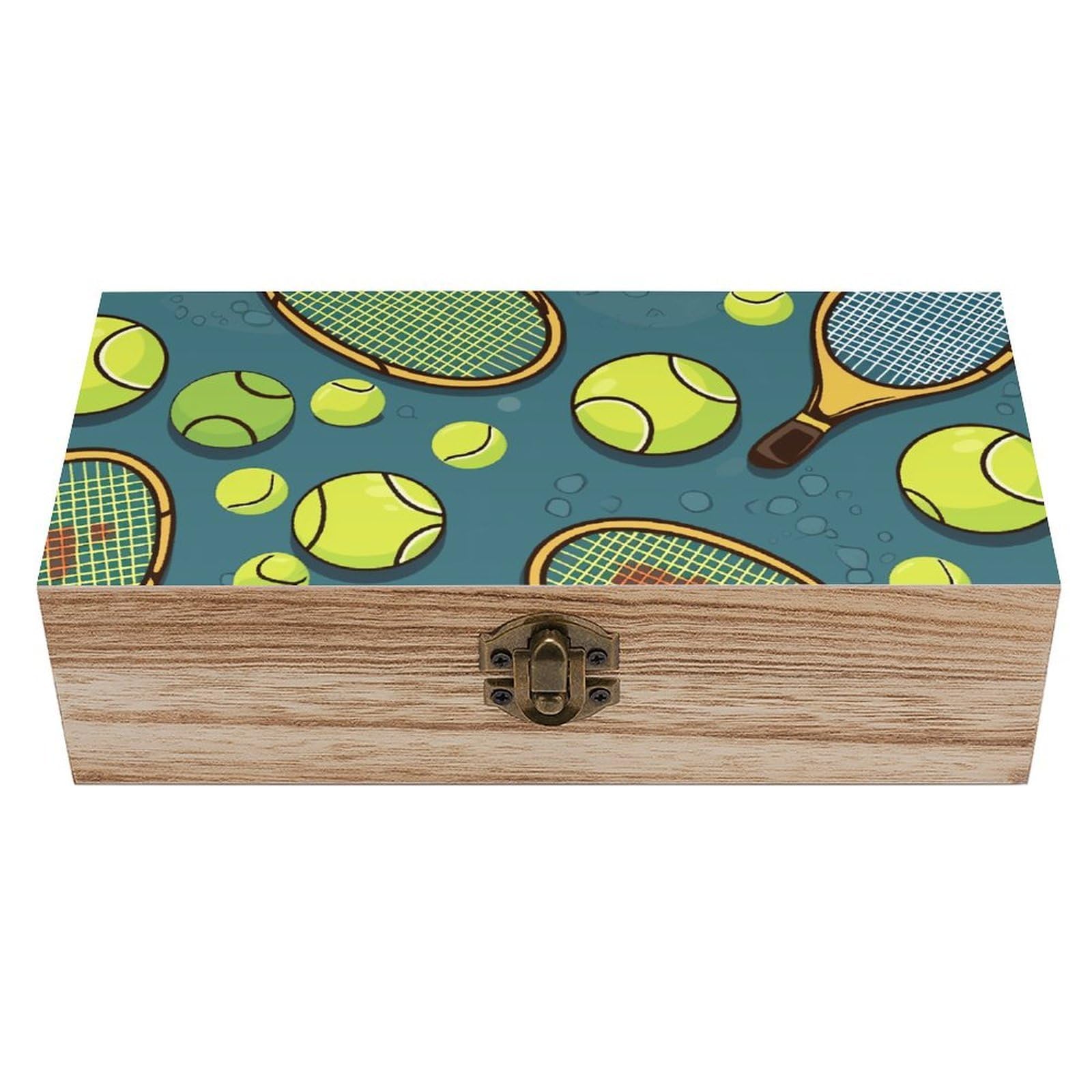 Funny Tennis Racquets And Tennis Balls Wooden Storage Box Locked Wood Gift Box Decorative Keepsake Boxes Storage Bins, Memory Boxes for Pictures, Jewelry Organizer Unique Gift Ideas for Men Women