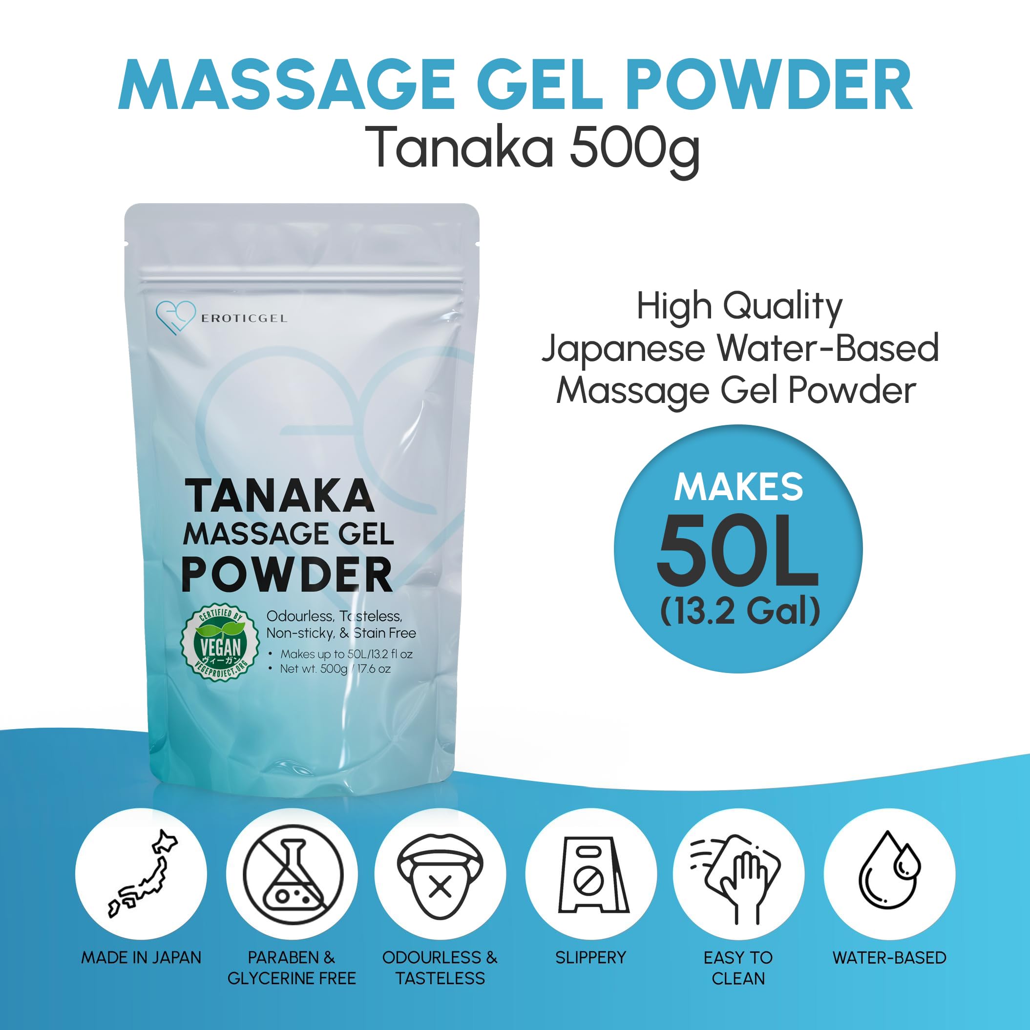 Tanaka Edition Nuru Massage Gel Powder 500g | Aloe Vera, Seaweed, Liquorice, & Green Tea | Made in Japan | Paraben & Glycerine Free | Makes 1.05 gal