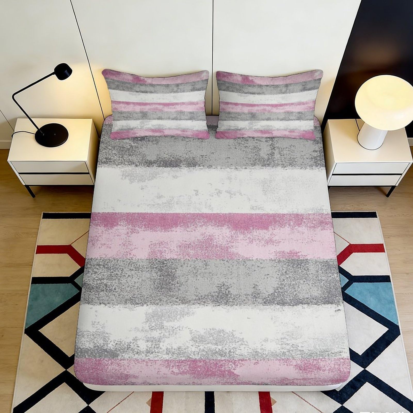 Jqzkxnhpbr Style-5 3D Printed Pink Grey Stripe Fitted Sheet Microfiber Soft Bedroom Decor Modern Abstract Mattress Cover Washable 90X200x25cm