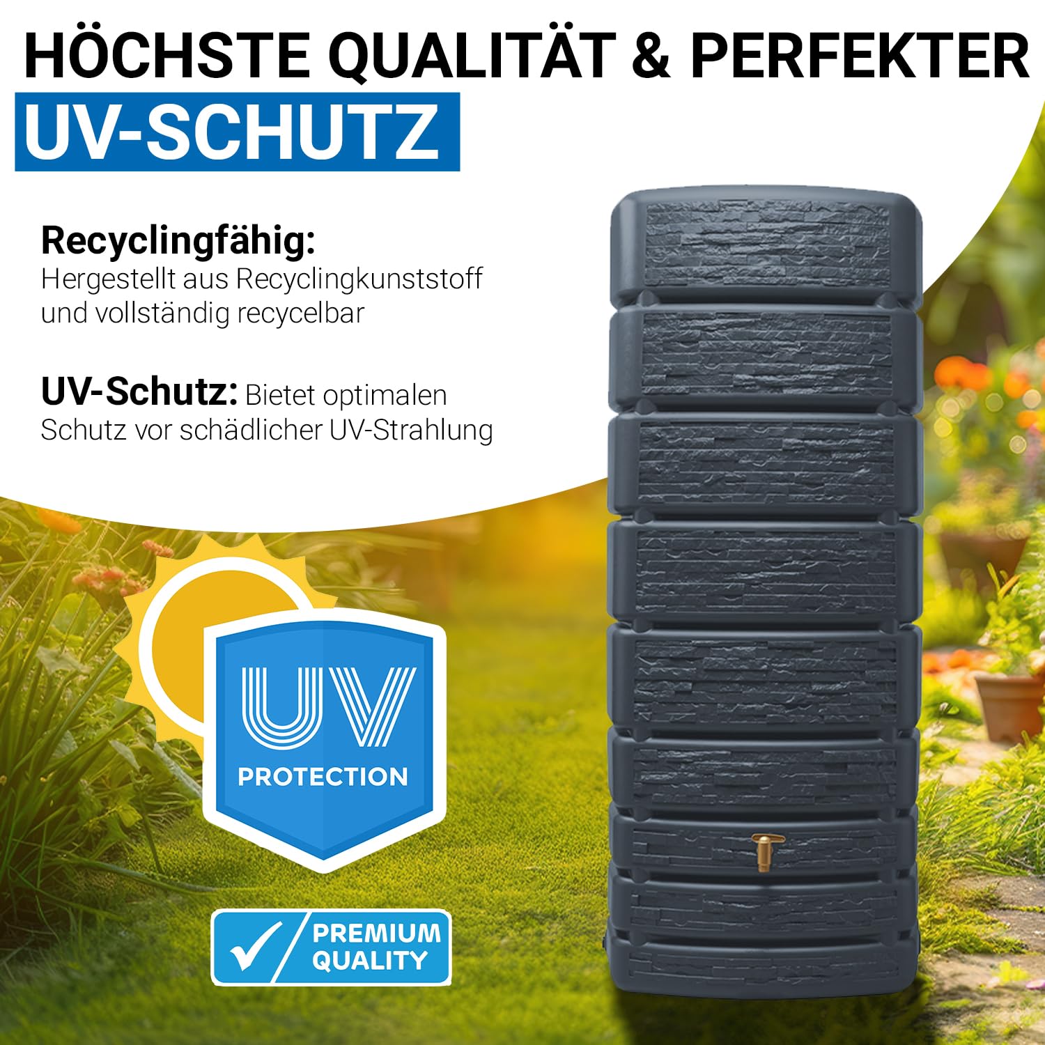 4rain Slim Stone Decor Regentonne Wandtank 500 Liter Graphite Grey - schmale Steinoptik für den Garten - Moderne Wasserentnahme mit Auslaufhahn - nachhaltige Aufstellung an der Hauswand mit Öffnung