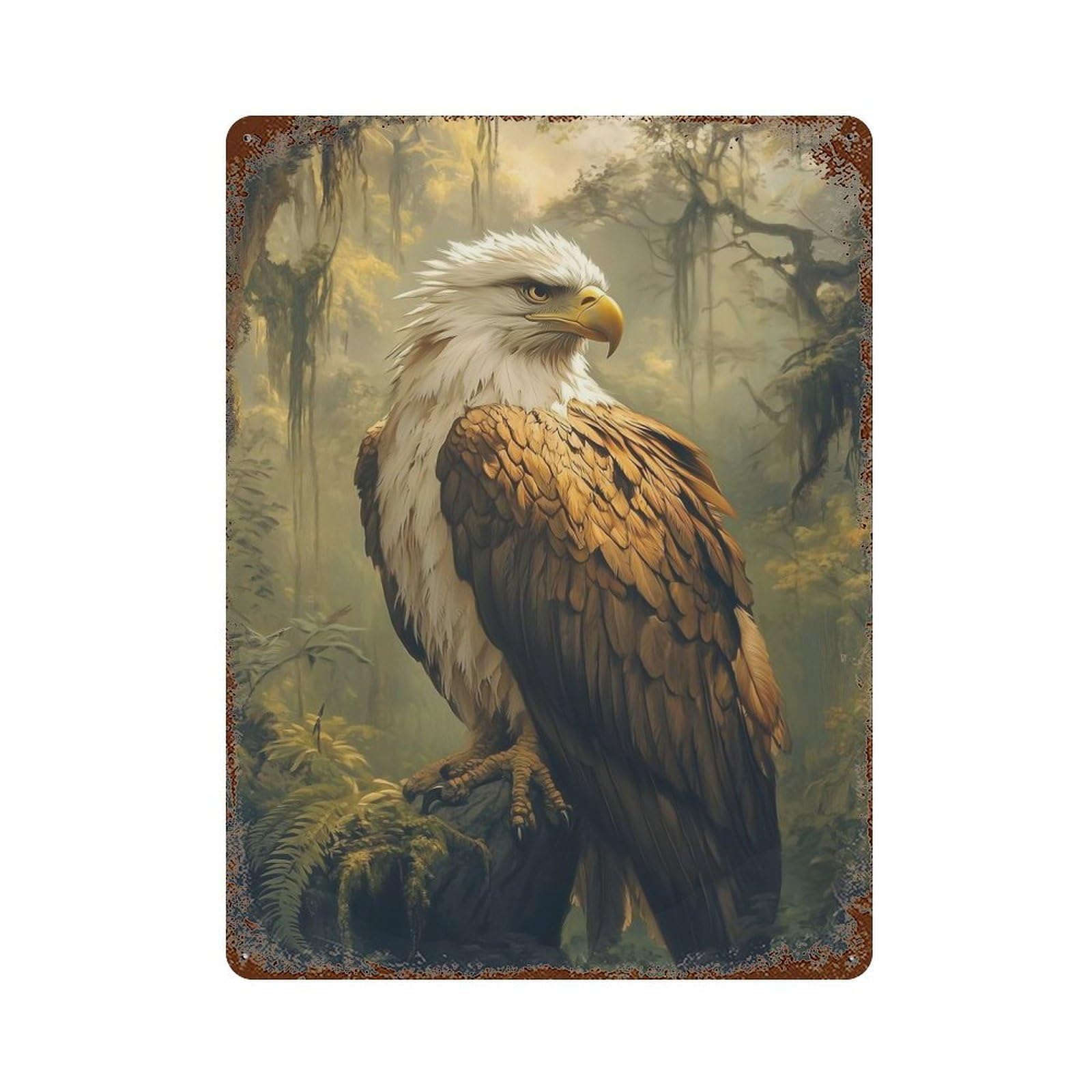Rust Effect Majestic Eagle in Forest Aged Metal Wall Plaque 15.7"x11.8", Rustic Home Decor for Bistro, Counter And Cafe Decor
