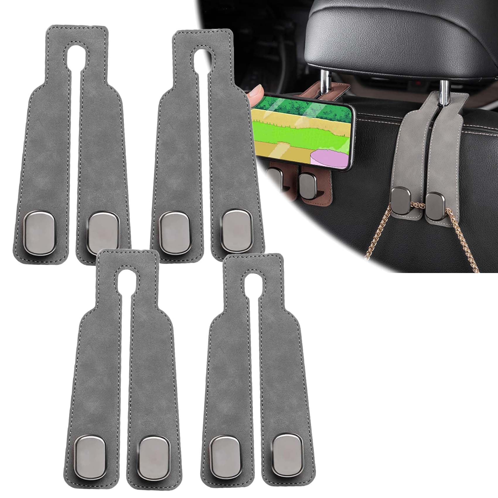 JINGDA Car Seat Back Double Hook for Chevrolet Silverado 2500 2025, Leather Car Seat Organiser Hooks Car Headrest Hook Car Seat Purse Hook,Grey-4 pieces