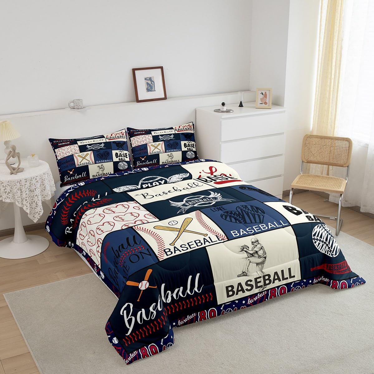 QOOMO 3D Baseball Kids Comforter Set - Queen Size, 3-Piece Blue Baseball Bedding (Comforter + 2 Pillowcases)