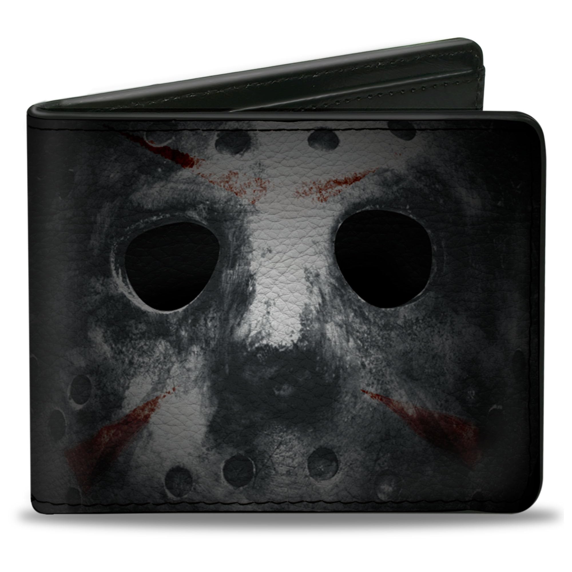 Buckle-Down Men's Multicolor Pu Bifold Wallet-Jason Mask3 Close-Up + Friday The 13Th Black/Grays/Red, 4.0" X 3.5", 4.0" X 3.5", Pu Bifold Wallet - Jason Mask3 Close-Up + Friday The 13Th Black/Grays/Red