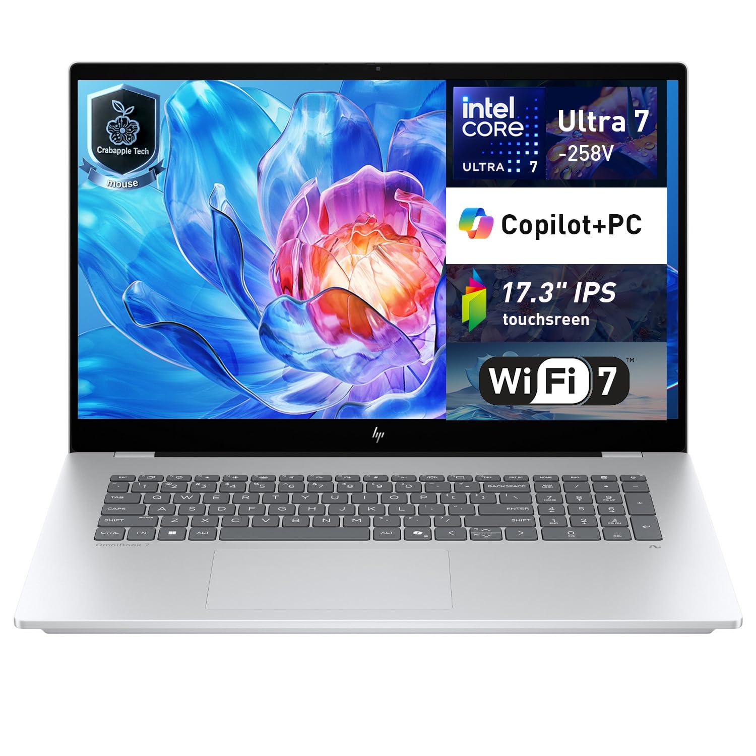 HP OmniBook 7 AI Touchscreen Laptop, 17.3" FHD IPS 400 nits Display, Intel Core Ultra 7 258V, NPU up to 47 Tops, 32GB + 1TB SSD, Wi-Fi 7, Backlit Keyboard, Thunderbolt 4, Windows 11 Home, Silver