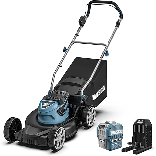 Cortacésped inalámbrico, cortacésped WESCO de 60 V, batería de iones de litio de 2.5 Ah, ancho de corte de 17 pulgadas, acolchado de corte 3 en 1,