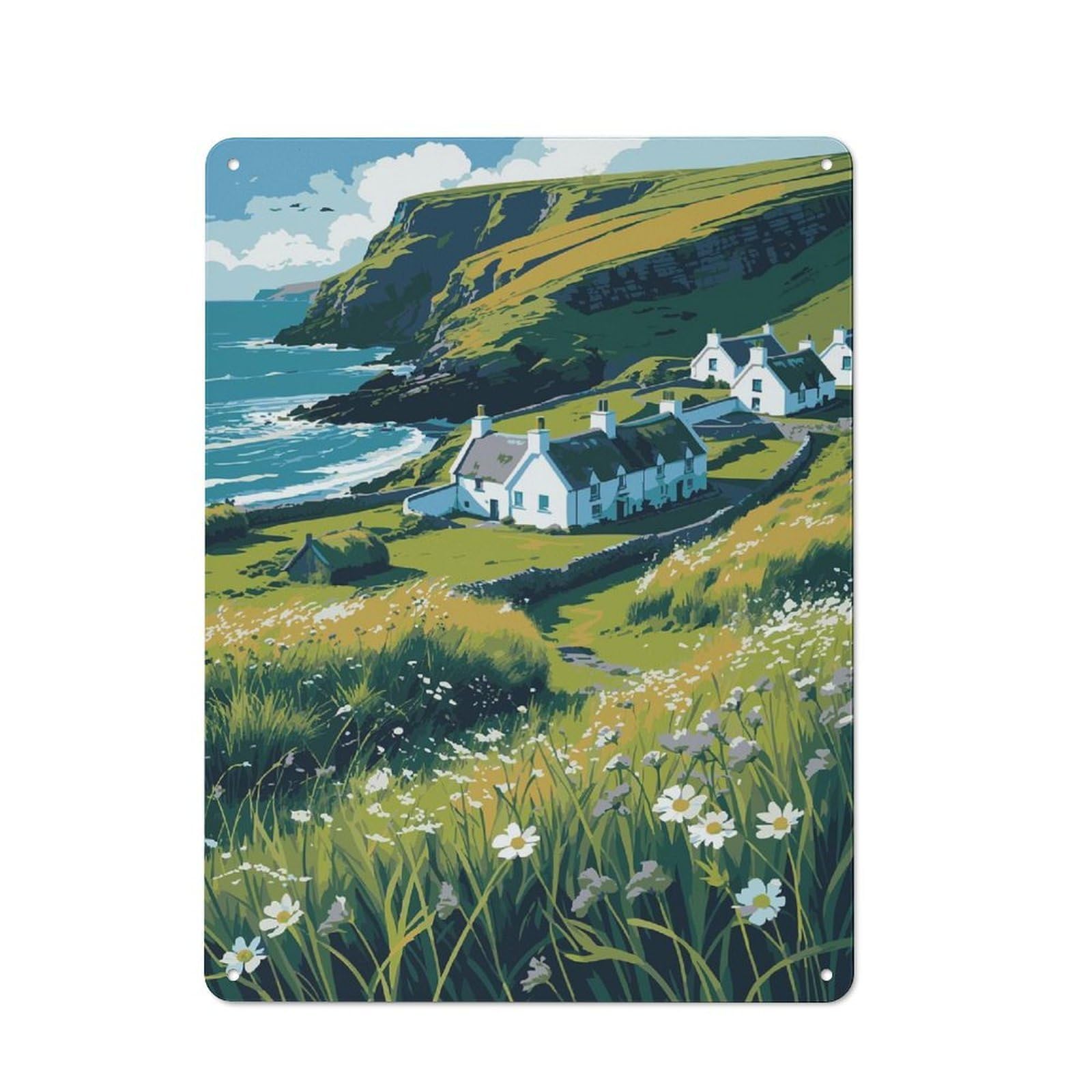 Junmoney Style-24 Vintage Tin Sign 40X30cm With Coastal Village Landscape With White Cottages For Living Room Or Hallway, For Vintage Wall Decor Fans, For Metal Sign Collectors
