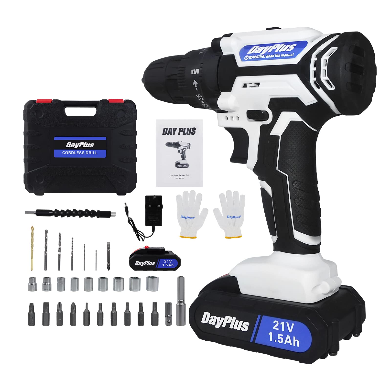 21V Cordless Drill Set di trapano elettrico 3/8 "trapano con caricabatterie rapido, 1x 1500mAh batteria agli ioni di litio, 3/8 '' Mandrino, 25+1 coppia, luce LED, 2 velocità