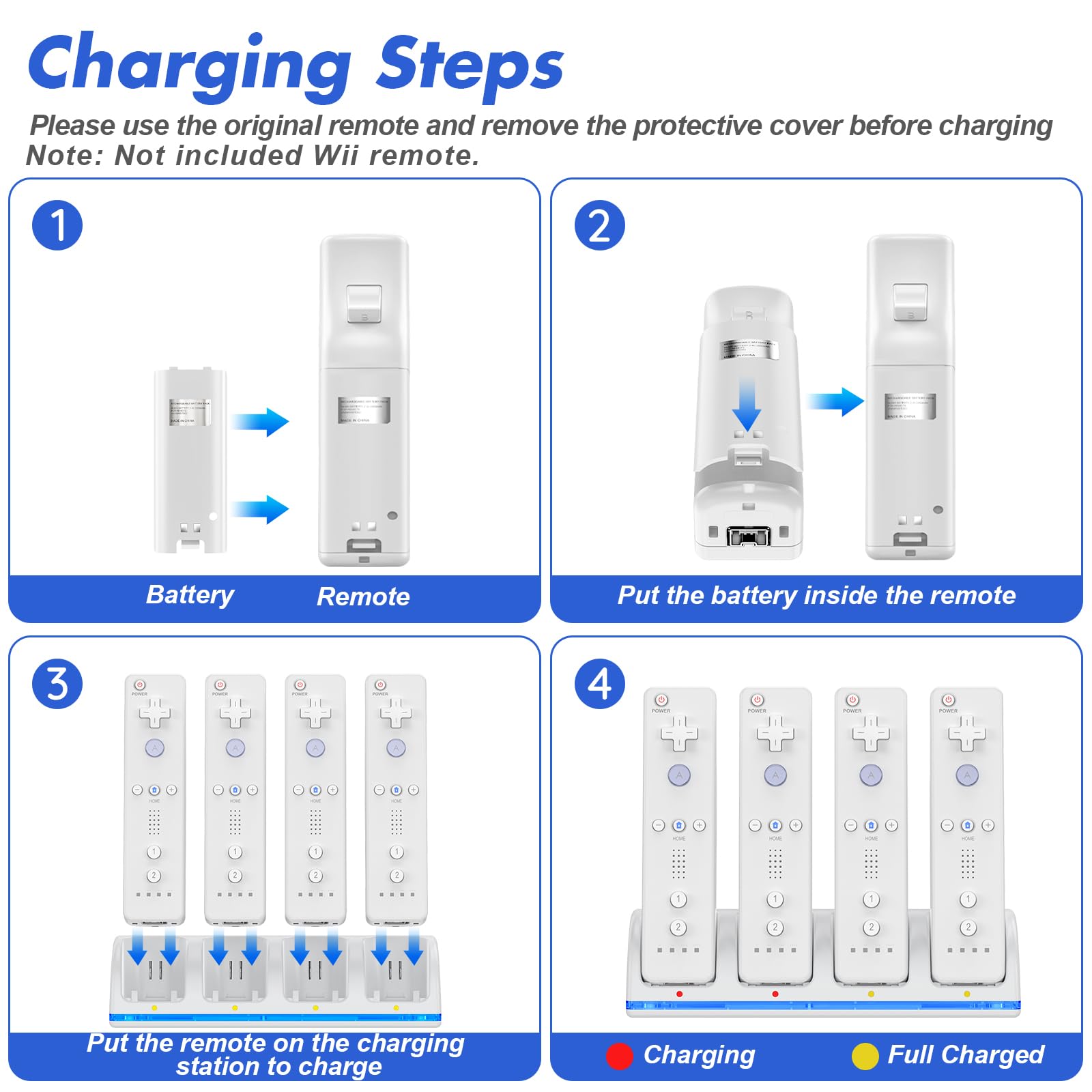 KEKUCULL Stazione di ricarica per Wii/Wii U con 4 batterie ricaricabili da 2800 mAh, stazione di ricarica controller per controller Wii, telecomandi non inclusi