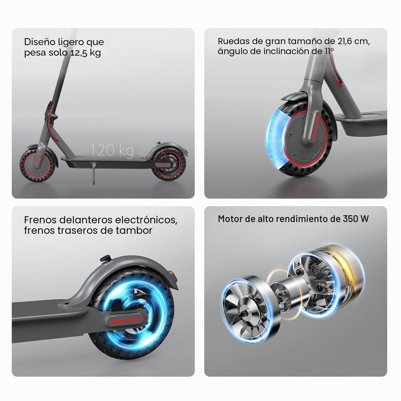Patinete electrico, Motor de 350W, 25 KM/H, Alcance de 30 km, Patinete electrico Adultos, Plegable, neumáticos de 8,5", Pantalla LED y aplicación, Freno de Tambor.
