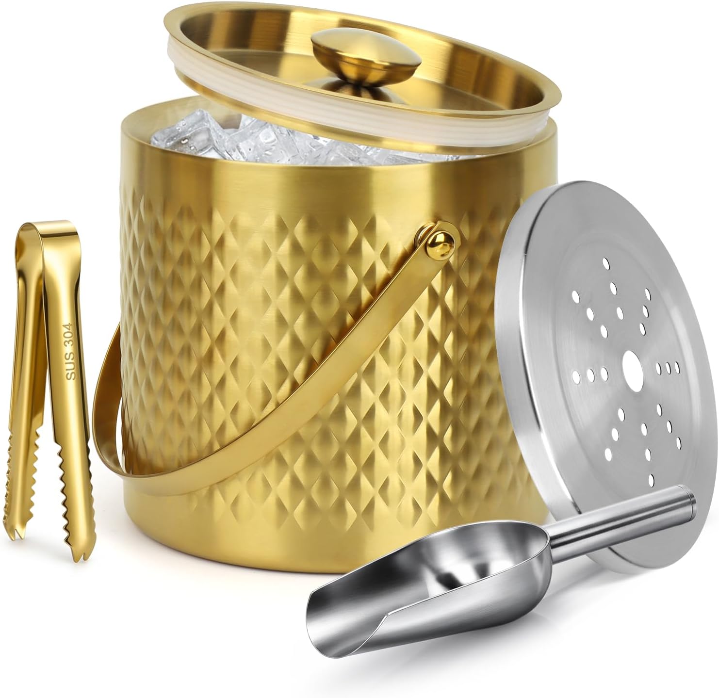 Gold Ice Bucket with Lid, Handle and Tong Insulated 3L Double Wall Stainless Steel Champagne Bucket with Silicone Sealing Ring, Scoop & Strainer, Metal Ice Bucket for Bar, Party, Home Entertaining