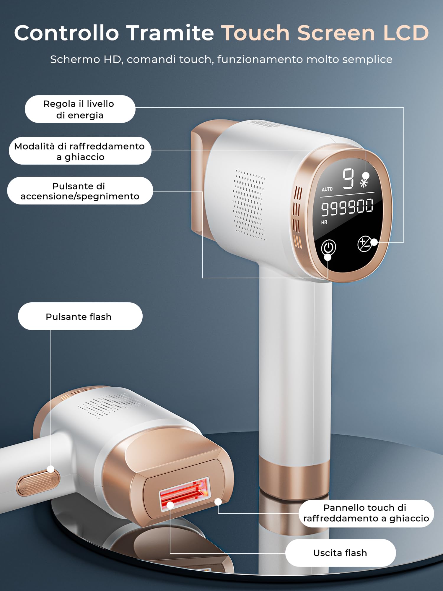 Epilatore Luce Pulsata con Funzione di Raffreddamento a Ghiaccio, Schermo LCD Touch,Modalità di Scorrimento Automatico, Epilatore a Luce Pulsata per Donne e Uomini,Viso, Ascelle, Bikini,Corpo, Bianco