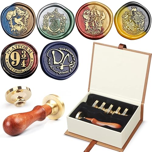 GANGSHA Hogwarts Magic School - Juego de sellos de cera de sellado de 6 sellos de cera de sellado, sellos de cobre +1 pieza de madera con empuñadura