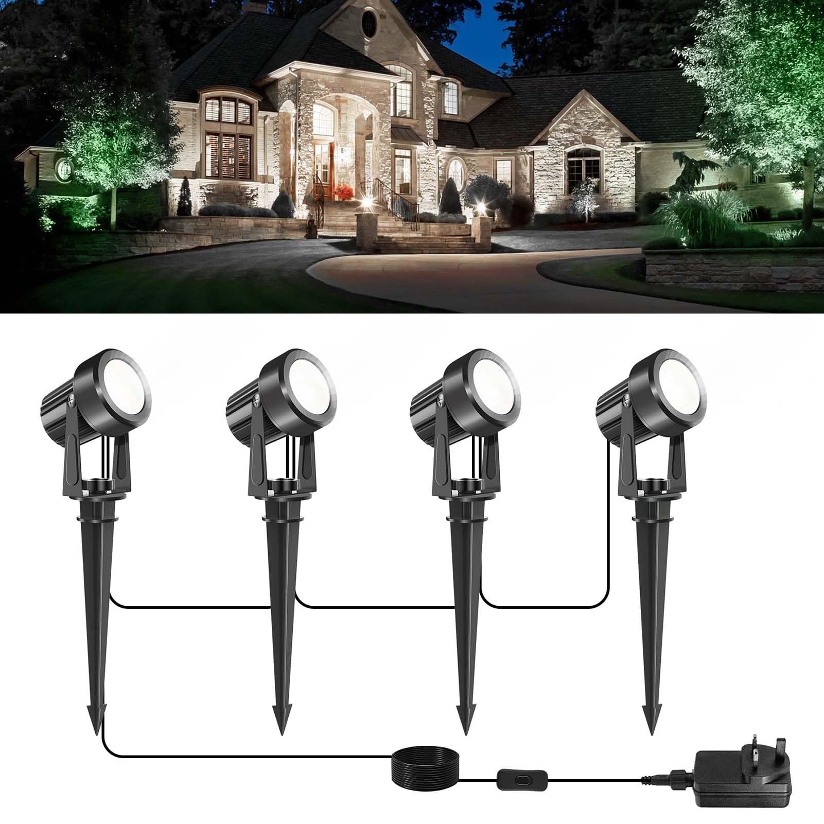 GUODDM Outdoor Landscape Spotlights 12W, Garden Spot Lights, LED 4-in-1 Spike Lights with Adapter, IP65 Waterproof 5V LED Garden Spike Light for Lawn, Pathway, Yard(6000k-4 in)