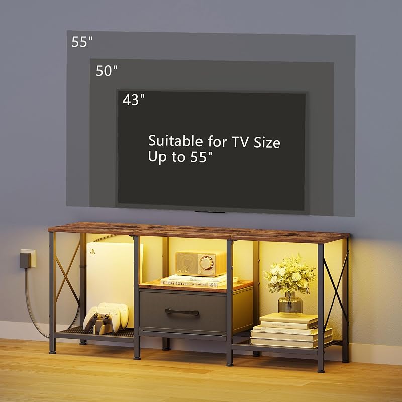 JARHETUN LED TV Stand with Fabric Drawer, Entertainment Center for 50 55 Inch TV, Industrial TV Console Table with Open Storage Shelves for Living Room, Bedroom, Rustic Brown image 2