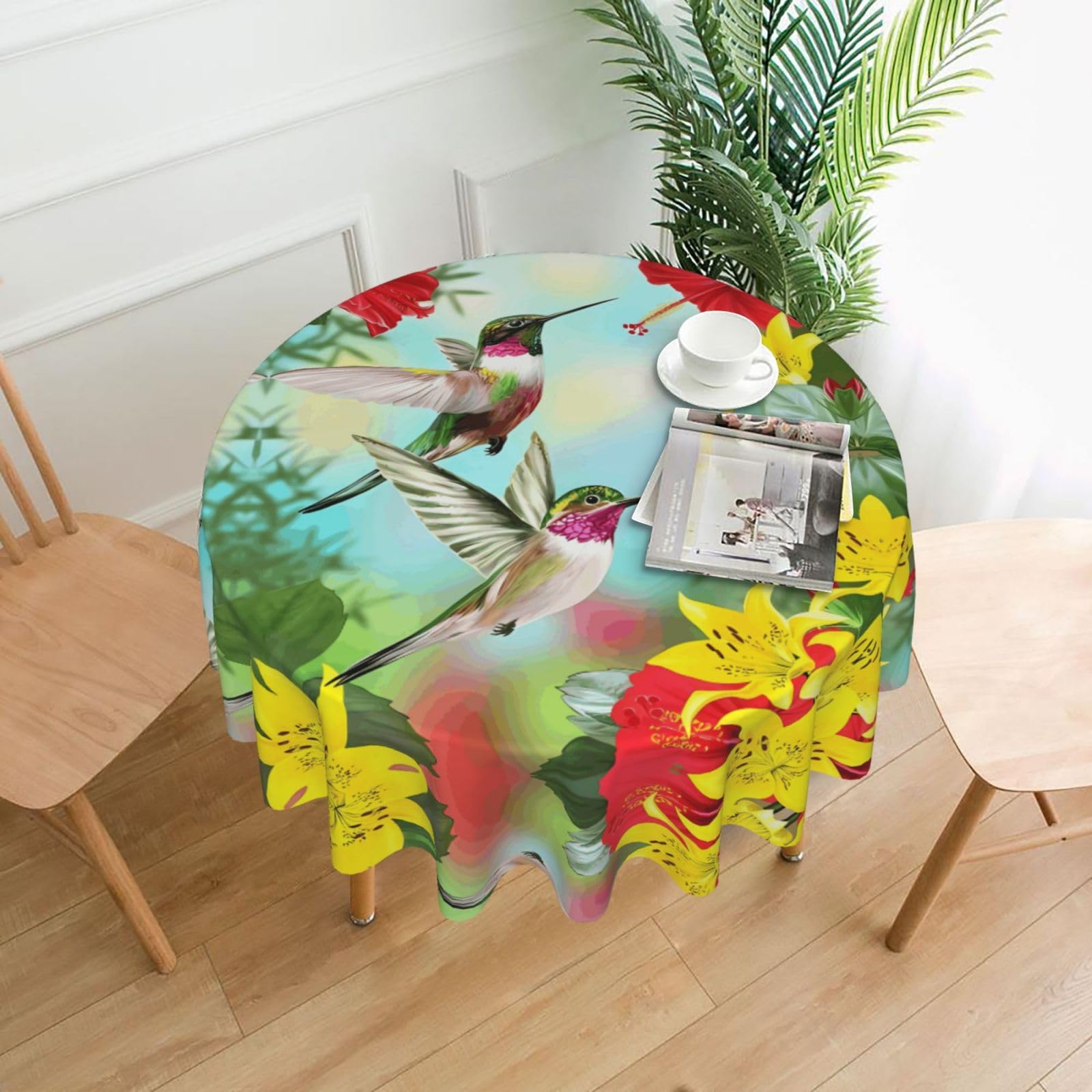 YYHHAOFA Hummingbirds Red Flower Hibiscus Prints Round Decorative Tablecloth 60in - High-Grade Polyester Throw for Dining Tables, Parties, & Outdoor Events