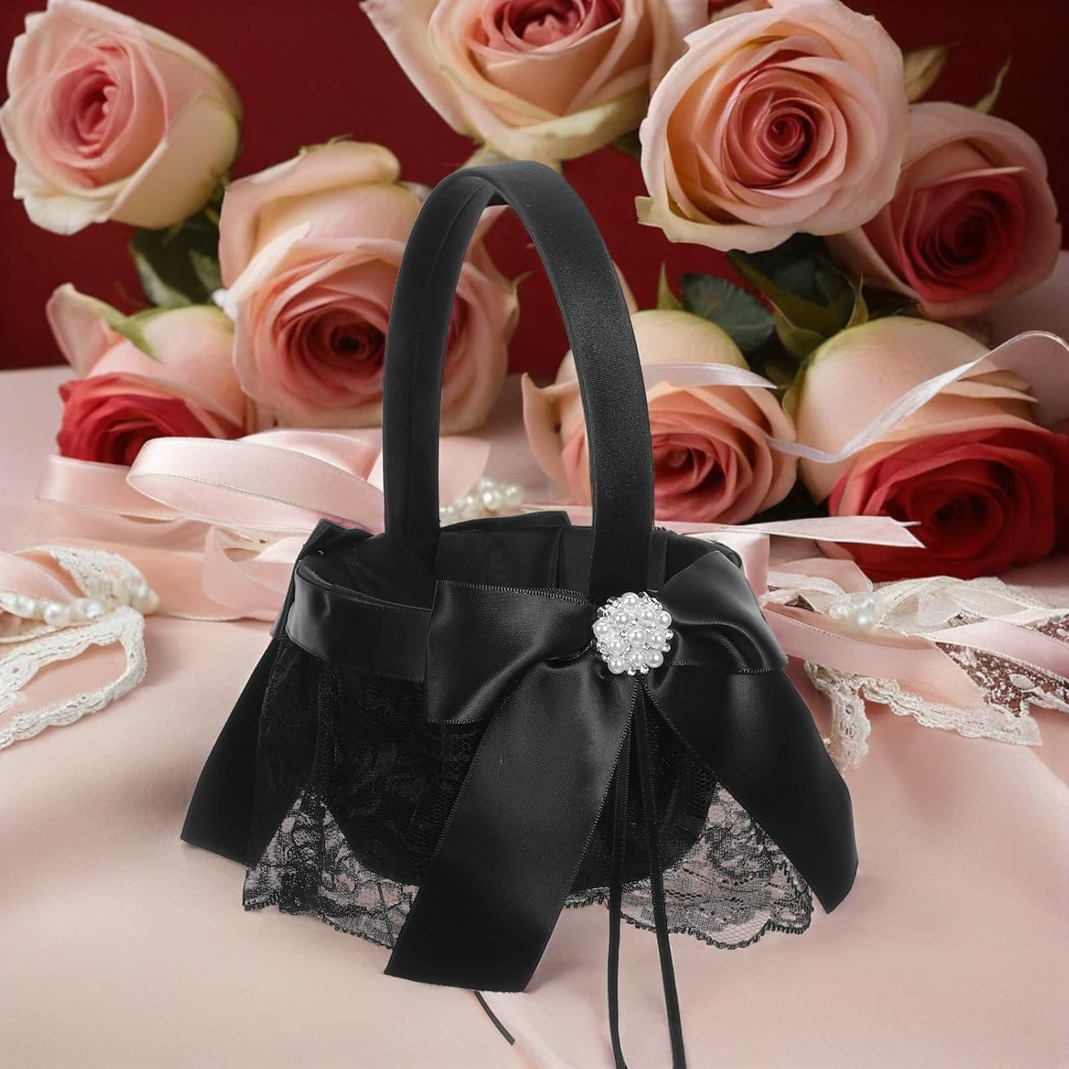 LUOZZY 2pcs Black Wedding Flower Girl Basket with Handle for Ceremony Petal Holder Romantic Floral Decoration