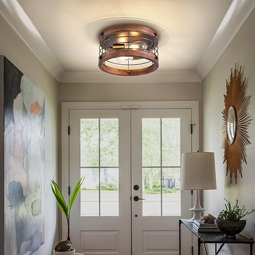 Miniatura 5 de Lámpara de techo empotrada estilo granja, 12.6 pulgadas, 2 luces de metal y madera cerca del techo, lámpara de techo de tambor rústico para cocina,