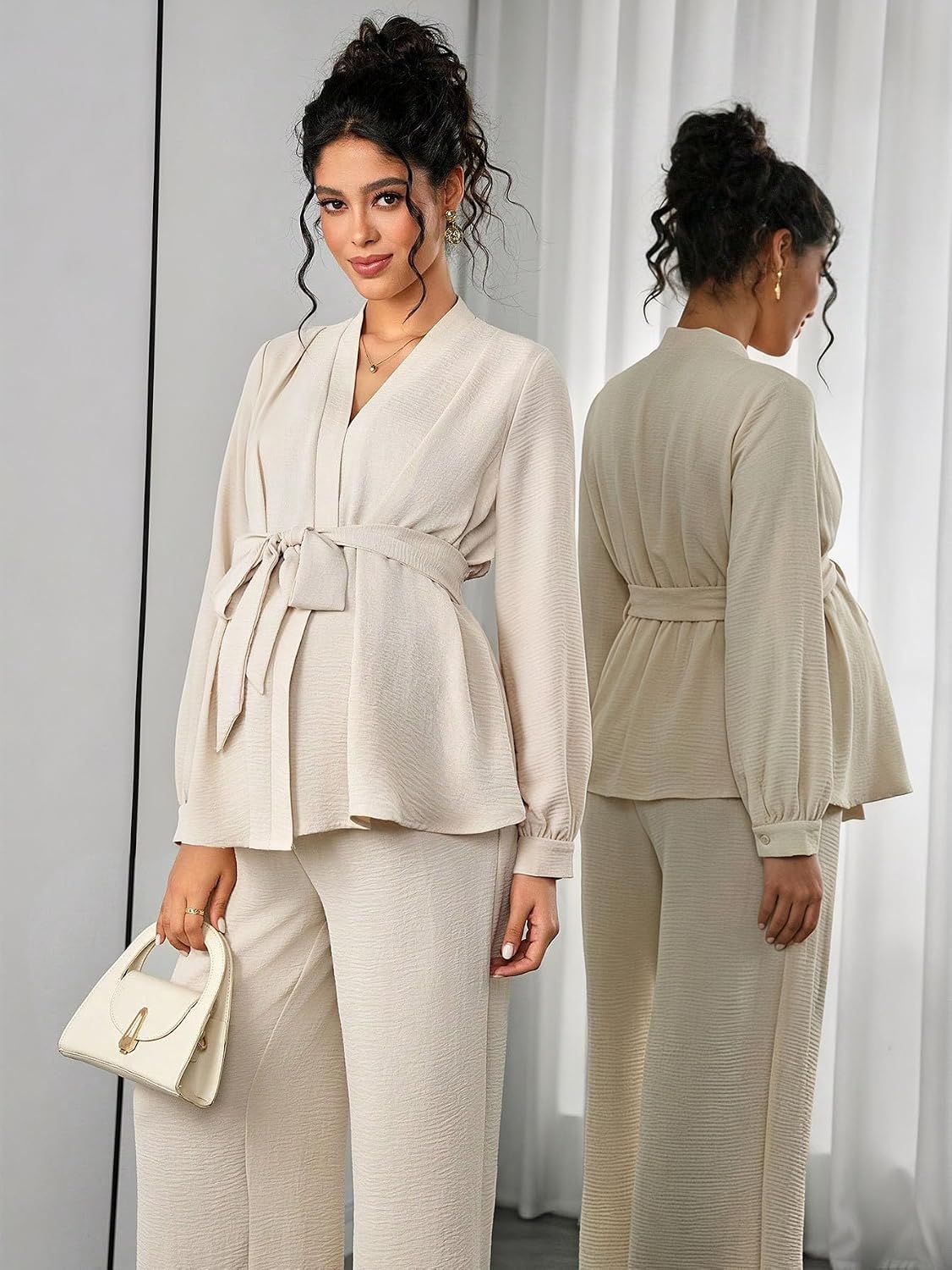 MakeMeChic Women's Maternity Sets Belted Wrap Top Wide Leg Pants Outfits