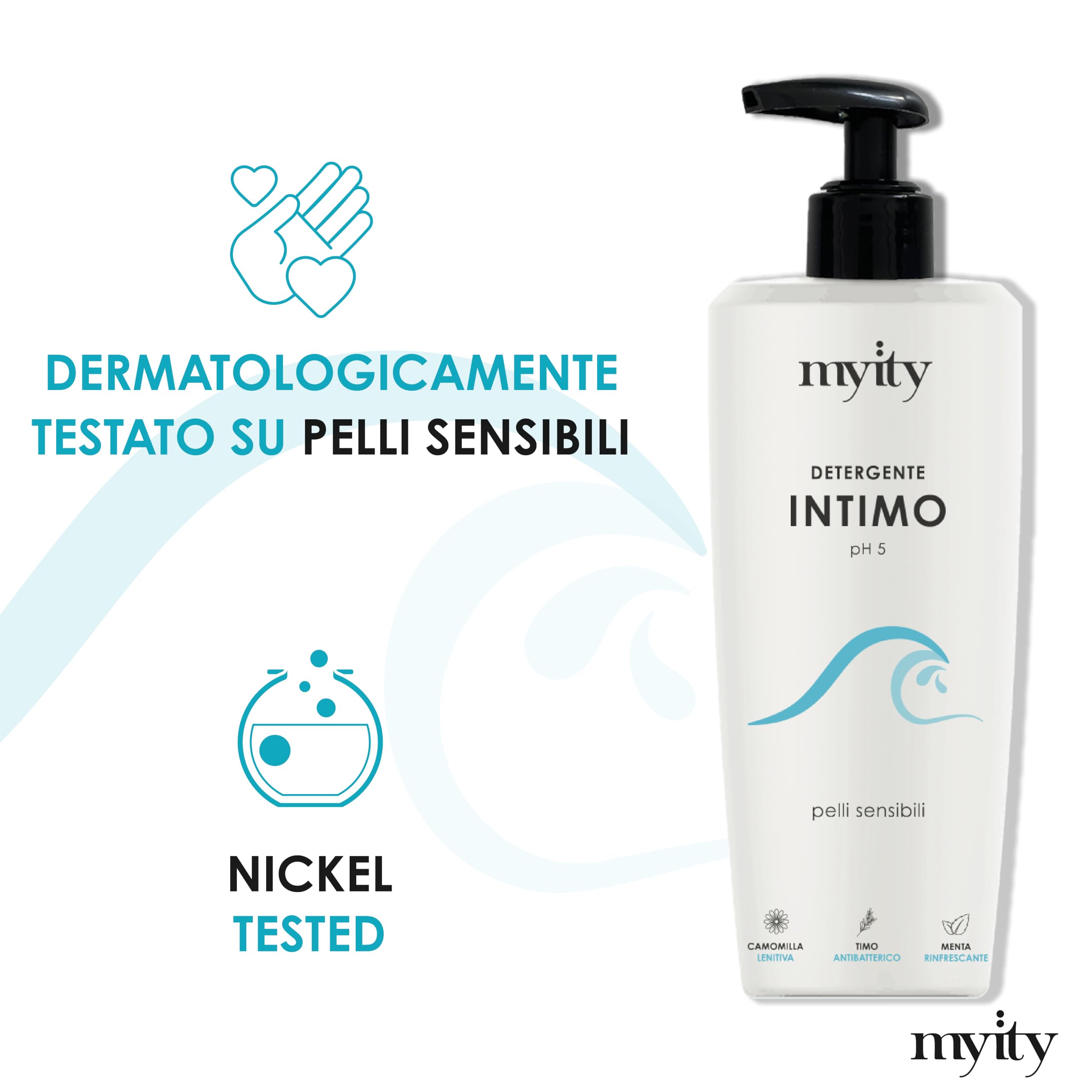 Detergente Intimo Myity pH 5 per Pelli Sensibili e Intolleranti - Delicato e Lenitivo, Azione Antibatterica e Rinfrescante - Naturale, Senza Profumo, Vegano, Nichel Tested