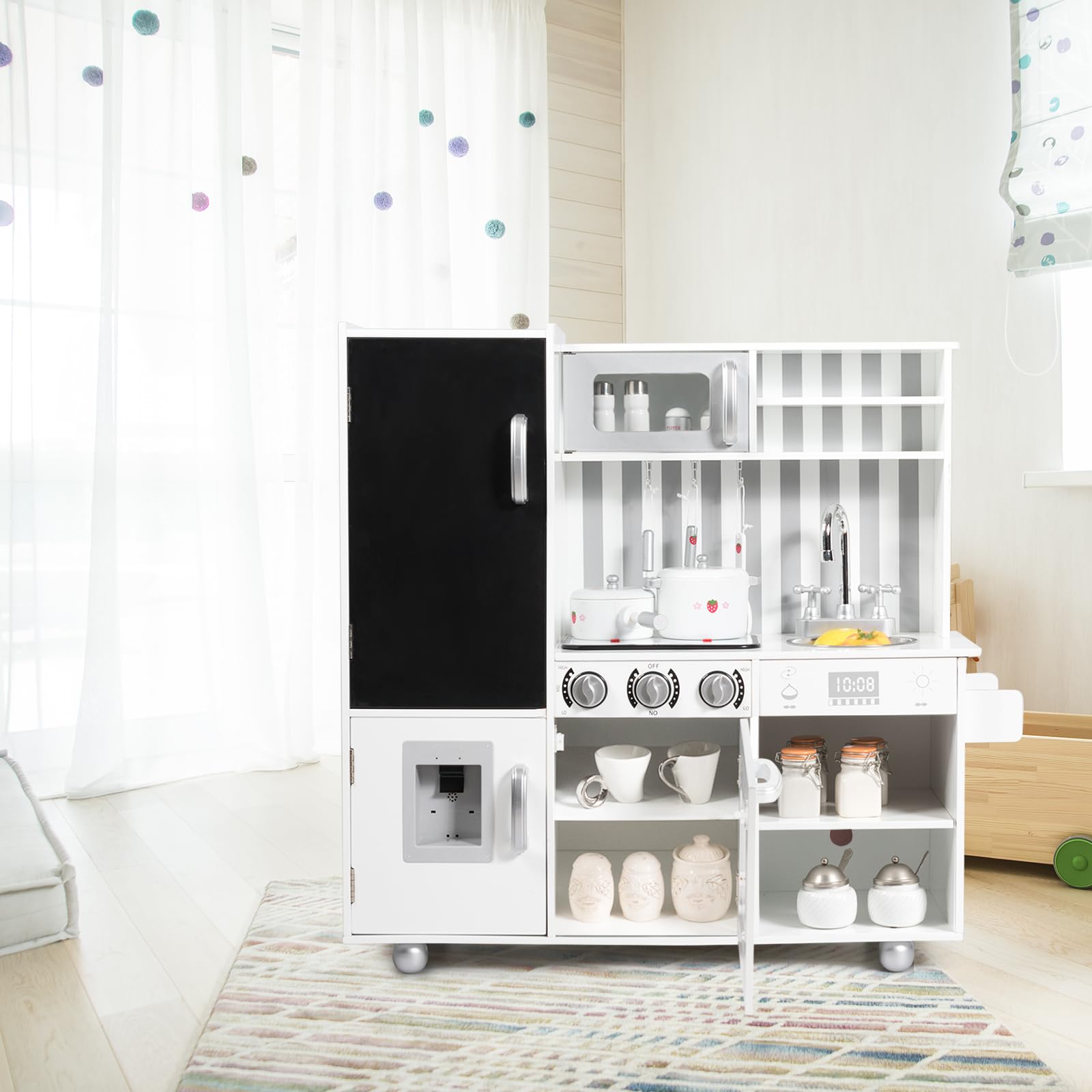 HOMASIS Spielküche mit Licht & Sound, Kinderküche Holz, Spielzeugküche mit Tafel Spüle Herd Ofen Mikrowelle Eismaschine, Holzküche mit 7 Spielzubehör, Kinderspielküche für Kinder ab 3 Jahre, Weiß