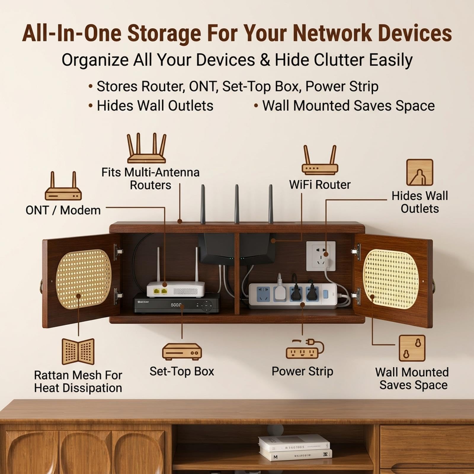Mobiletto WiFi in legno scuro, Scaffale a muro vintage, Organizer router