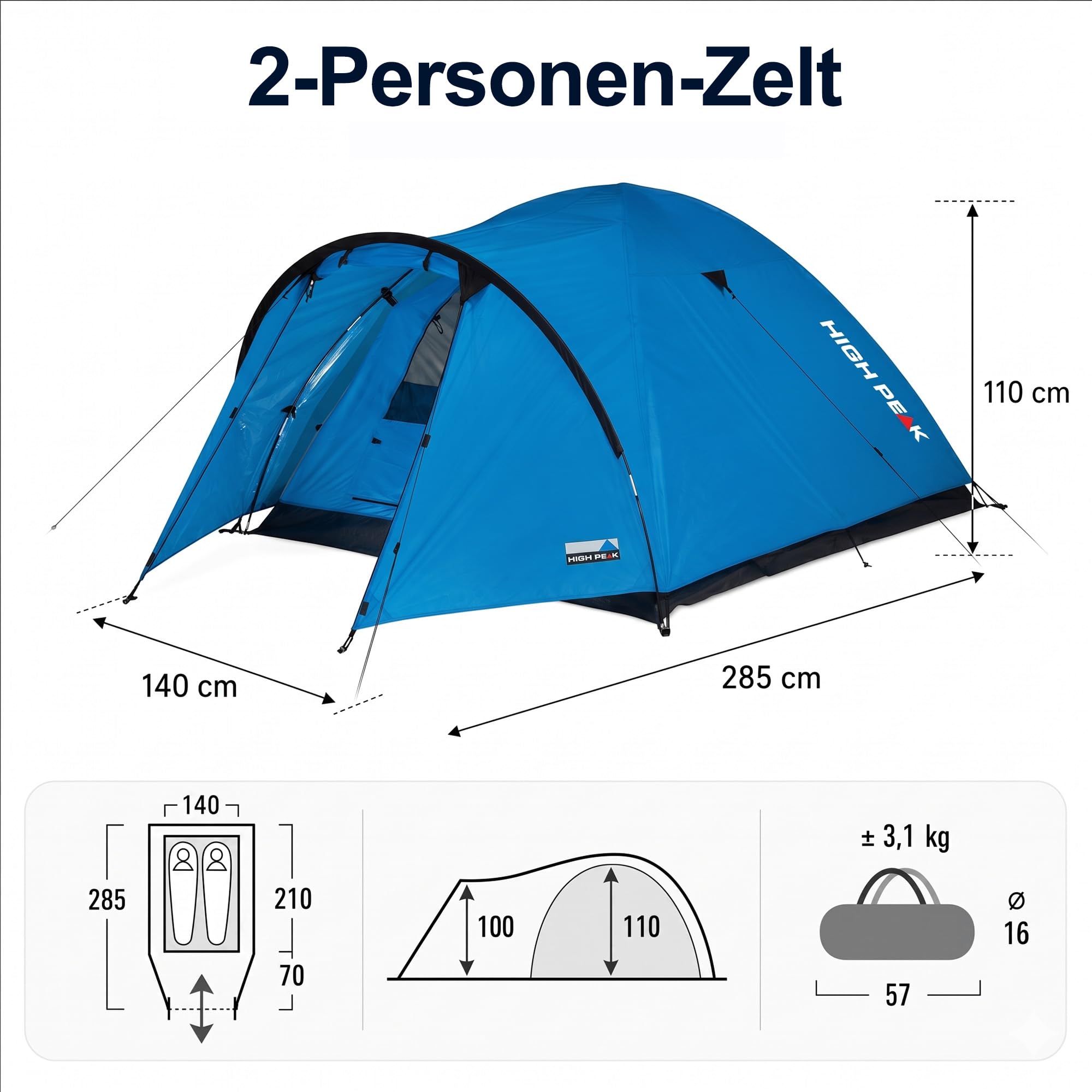 High Peak Kuppelzelt, Campingzelt mit Vorraum, 2-in-1 Innenzelt und Regenplane, PU 1500 mm, Wannenboden, Belüftung, Glasfaserstangen, kompaktes Zelt für Trekking, Festival, Reise und Outdoor-Camping