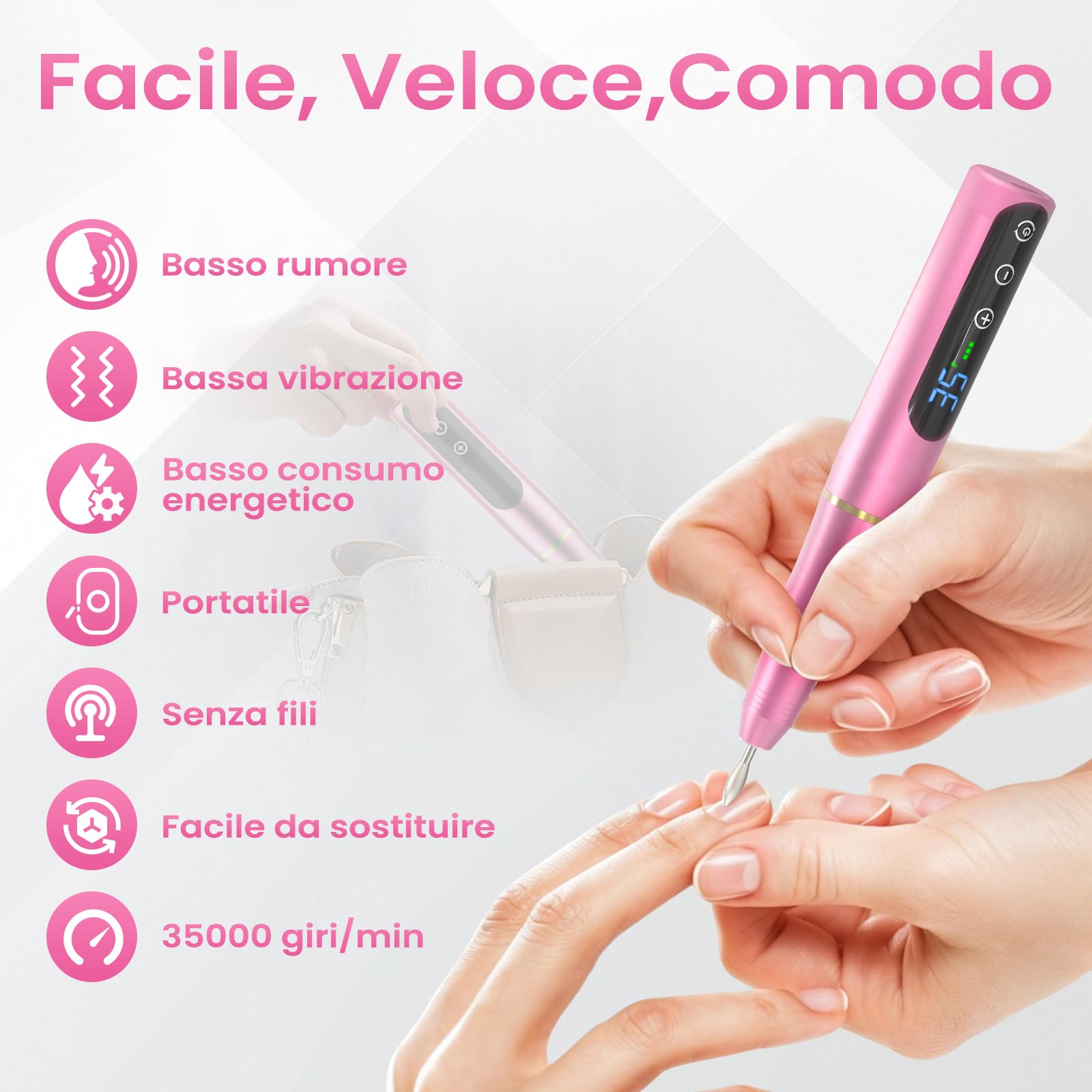 NAILGIRLS Fresa per Unghie Professionale 35000 Giri, Lima Elettrica per Unghie con Schermo LED, 11 in 1 Ricaricabile Frese per Unghie Portatile Trapano per Unghie Senza Fili Velocità Regolabile, Rose